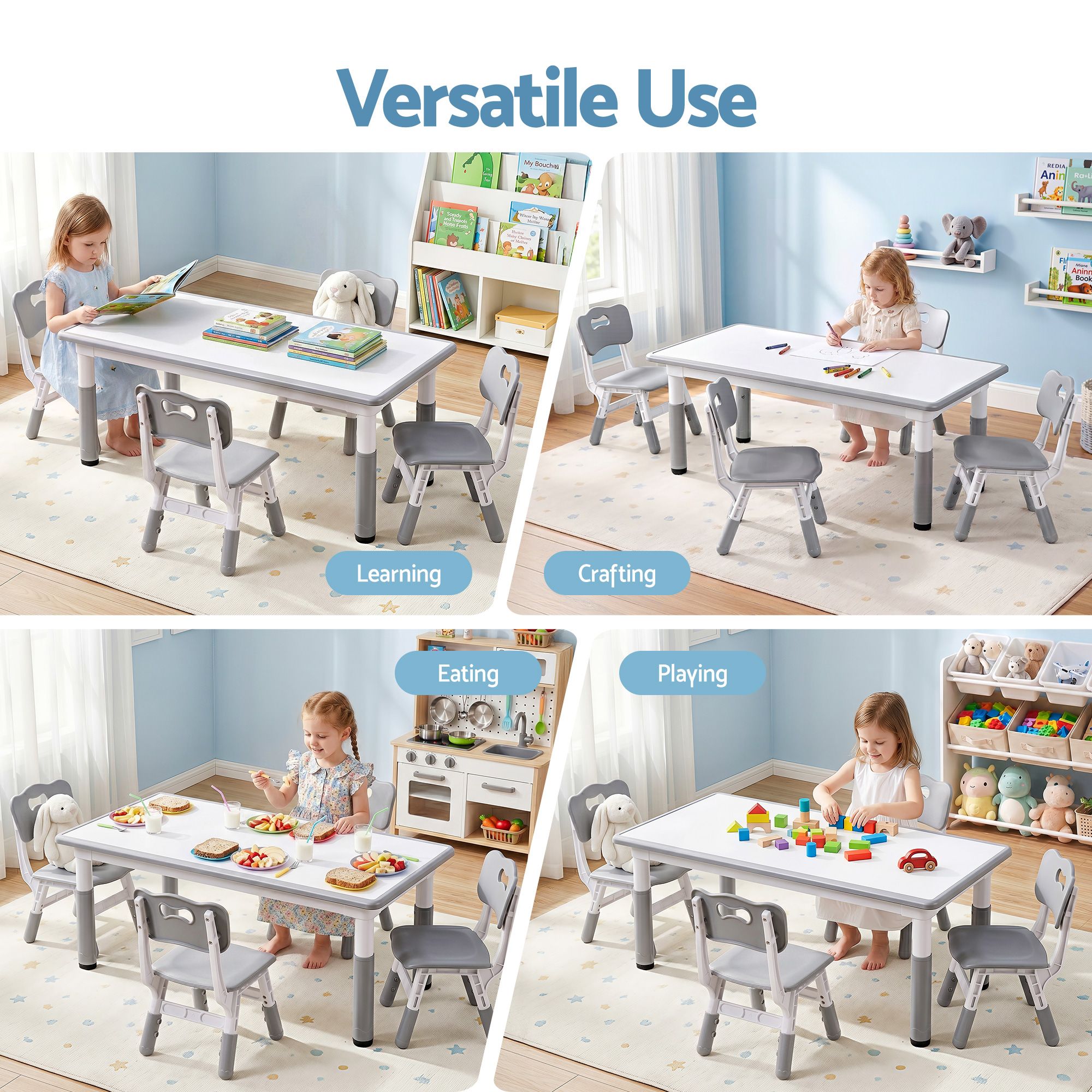 Keezi Kids Table and 4 Chairs Set Height Adjustable Toddler Desk and Chair Set for Ages 3 - 8, Children Activity Table with Graffiti Desktop for Learning Drawing Playing, Grey - Baby & Kids > Kid's Furniture > Kid's Tables, Chairs & Seats - Rivercity House & Home Co. (ABN 18 642 972 209) - Affordable Modern Furniture Australia