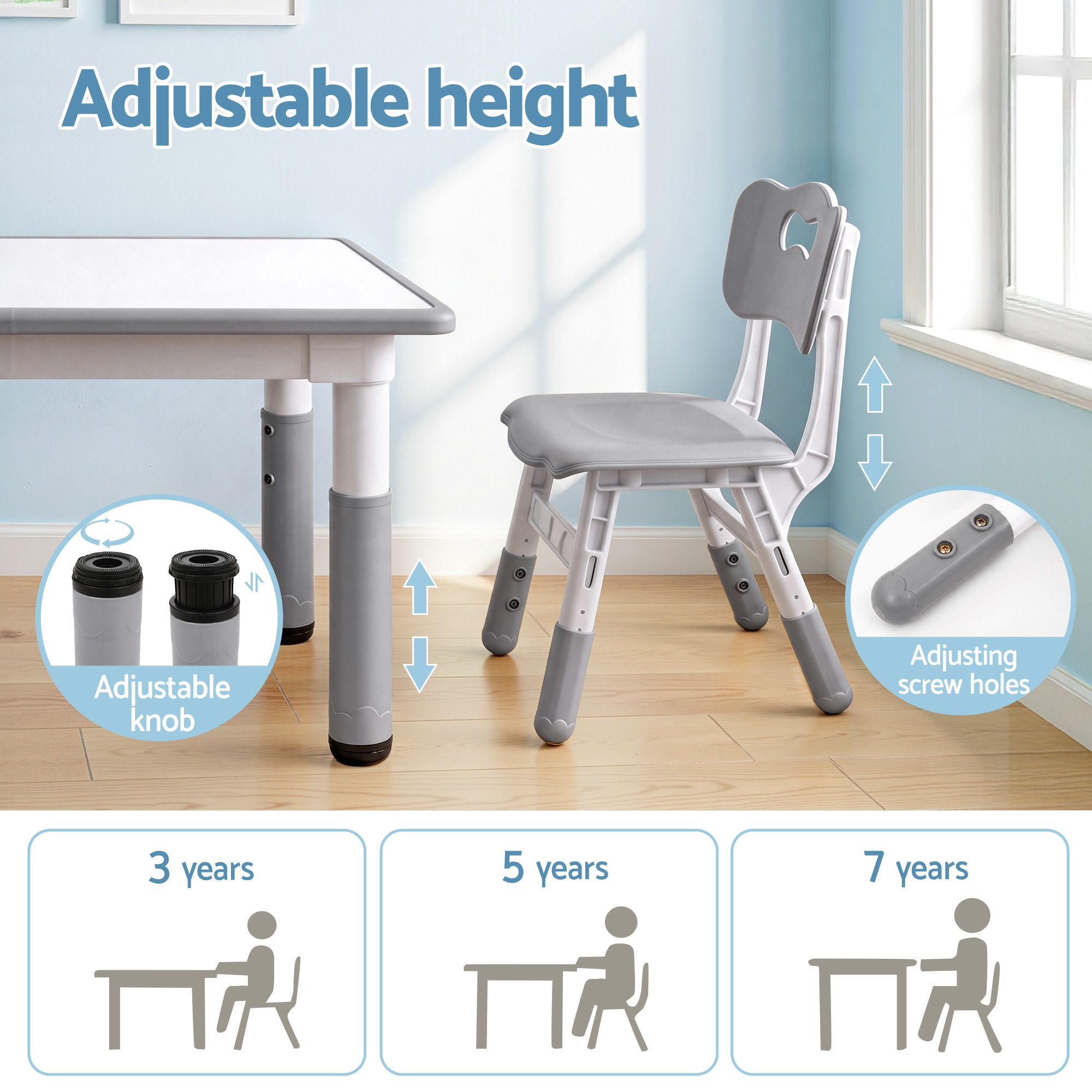 Keezi Kids Table and 4 Chairs Set Height Adjustable Toddler Desk and Chair Set for Ages 3 - 8, Children Activity Table with Graffiti Desktop for Learning Drawing Playing, Grey - Baby & Kids > Kid's Furniture > Kid's Tables, Chairs & Seats - Rivercity House & Home Co. (ABN 18 642 972 209) - Affordable Modern Furniture Australia