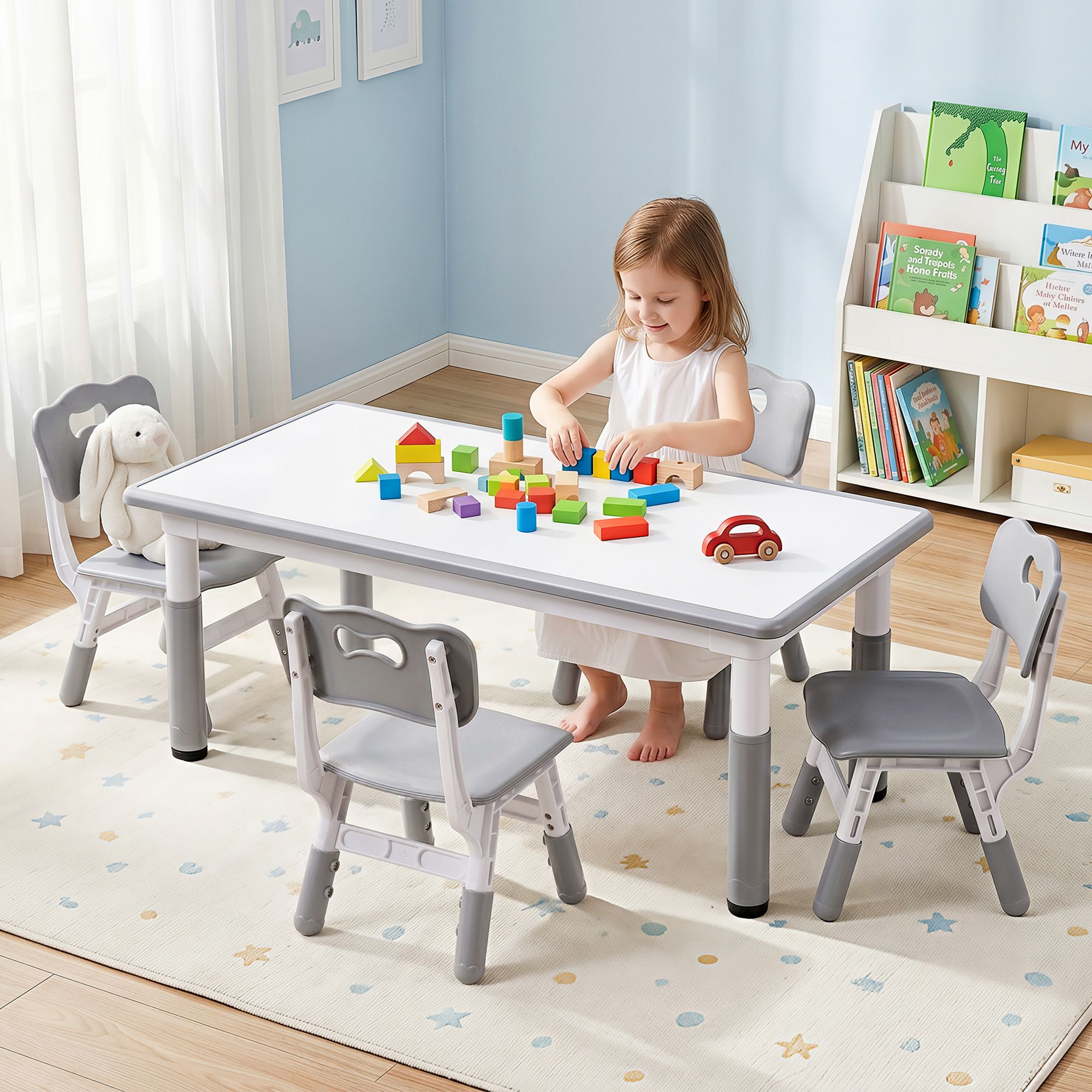 Keezi Kids Table and 4 Chairs Set Height Adjustable Toddler Desk and Chair Set for Ages 3 - 8, Children Activity Table with Graffiti Desktop for Learning Drawing Playing, Grey - Baby & Kids > Kid's Furniture > Kid's Tables, Chairs & Seats - Rivercity House & Home Co. (ABN 18 642 972 209) - Affordable Modern Furniture Australia