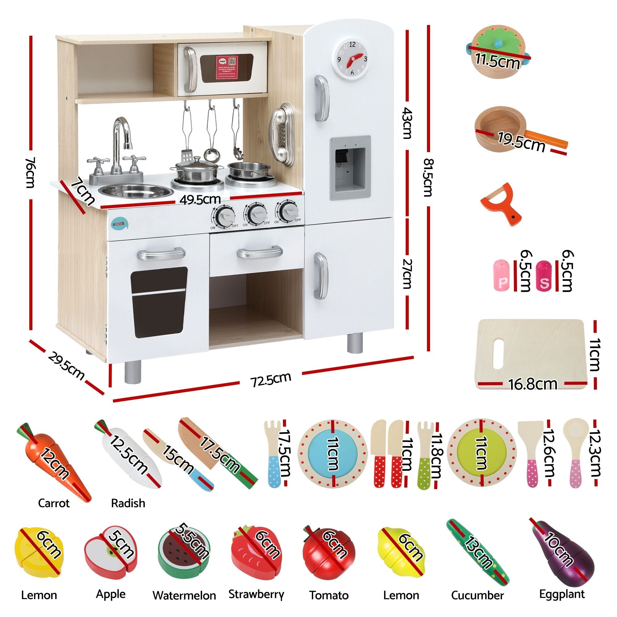 Keezi Kids Wooden Pretend Kitchen Playset with 29-Piece Cutting Food Set - White and Natural - Baby & Kids > Baby & Kid's Toys > Pretend Play - Rivercity House & Home Co. (ABN 18 642 972 209) - Affordable Modern Furniture Australia