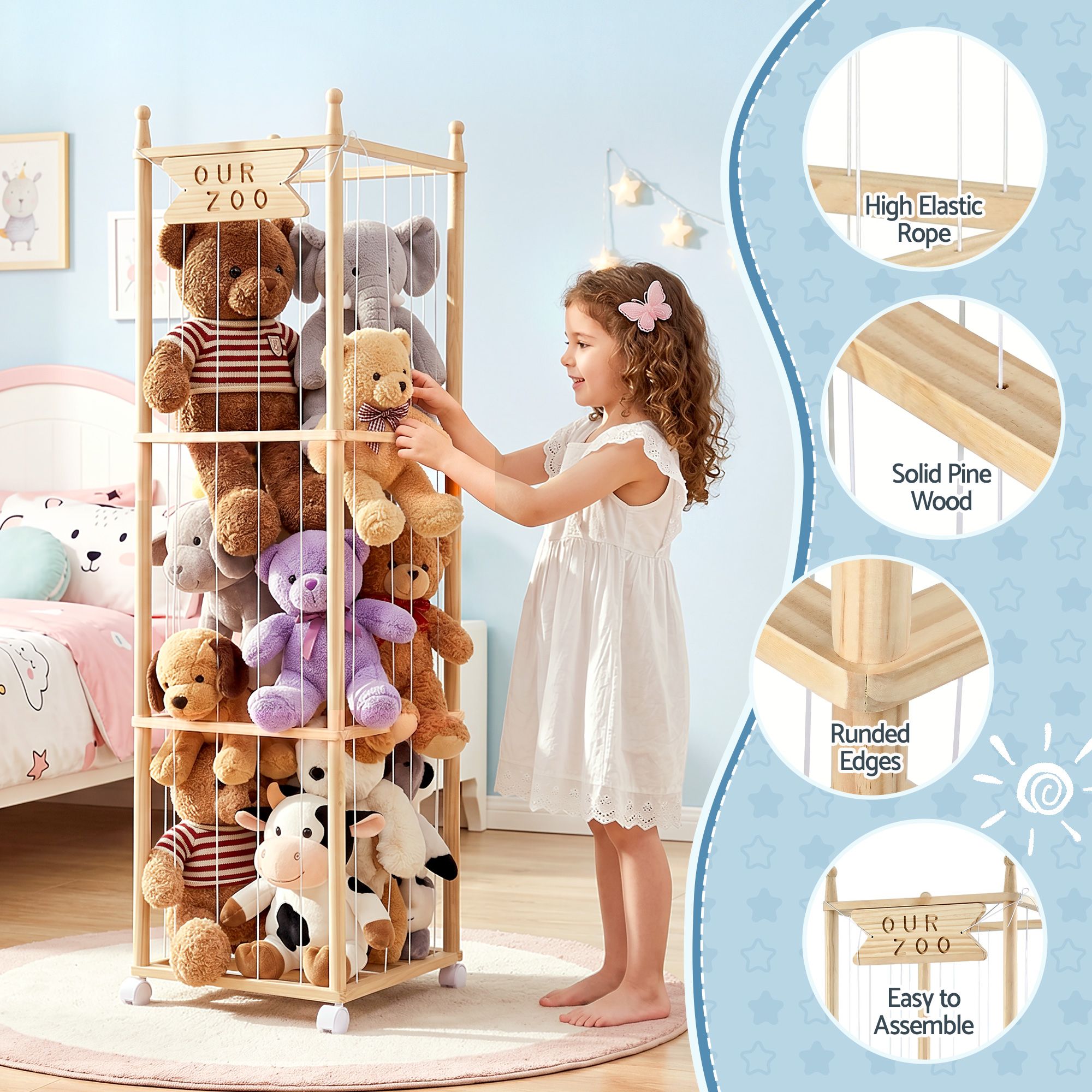 Keezi Stuffed Animal Storage Wooden Toy Holder with Wheels Soft Toy Storage Zoo Cage Stuffy Toy Storage Organizers with Elastic Cords for Playroom Bedroom Nursery - Baby & Kids > Kid's Furniture > Toy Boxes - Rivercity House & Home Co. (ABN 18 642 972 209) - Affordable Modern Furniture Australia