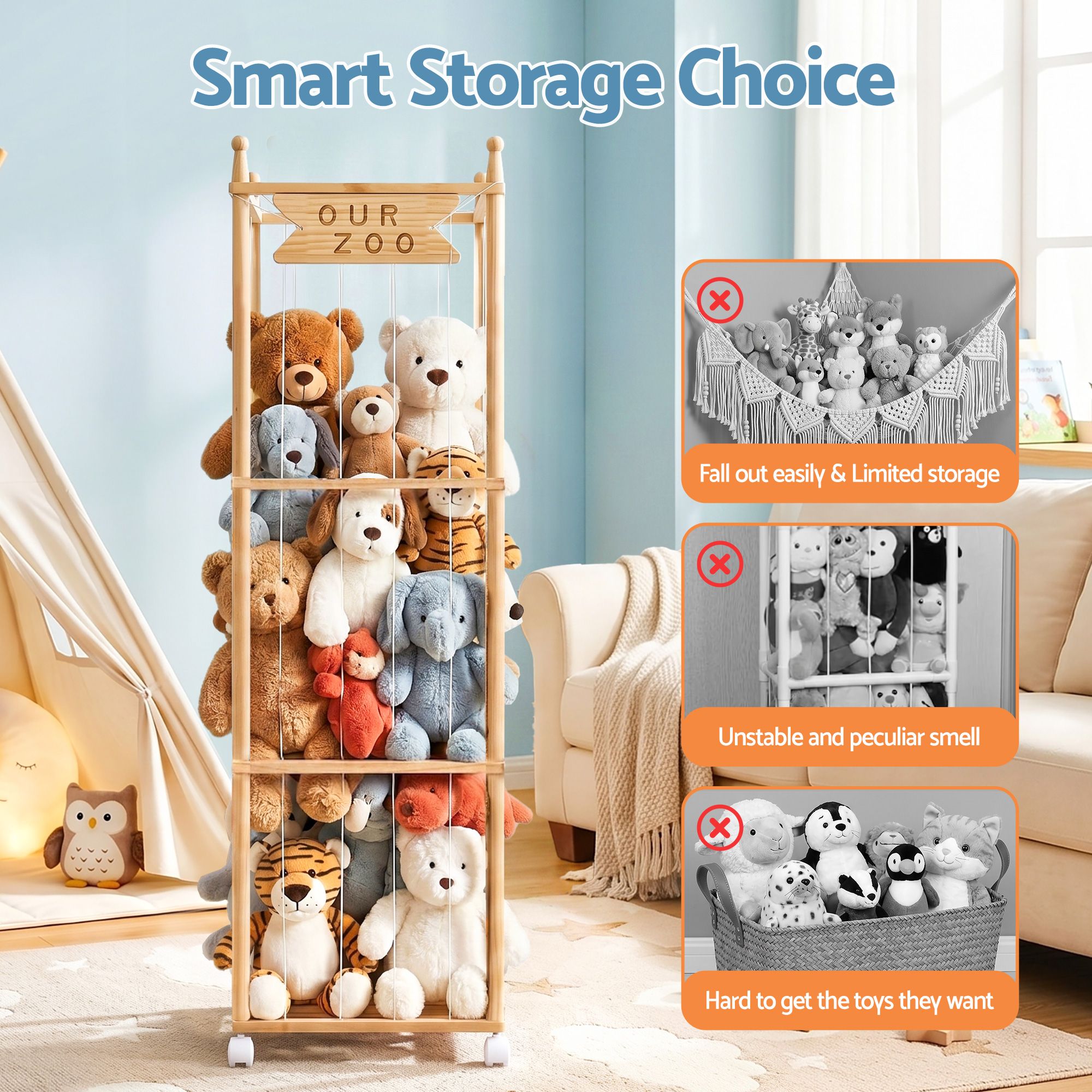 Keezi Stuffed Animal Storage Wooden Toy Holder with Wheels Soft Toy Storage Zoo Cage Stuffy Toy Storage Organizers with Elastic Cords for Playroom Bedroom Nursery - Baby & Kids > Kid's Furniture > Toy Boxes - Rivercity House & Home Co. (ABN 18 642 972 209) - Affordable Modern Furniture Australia