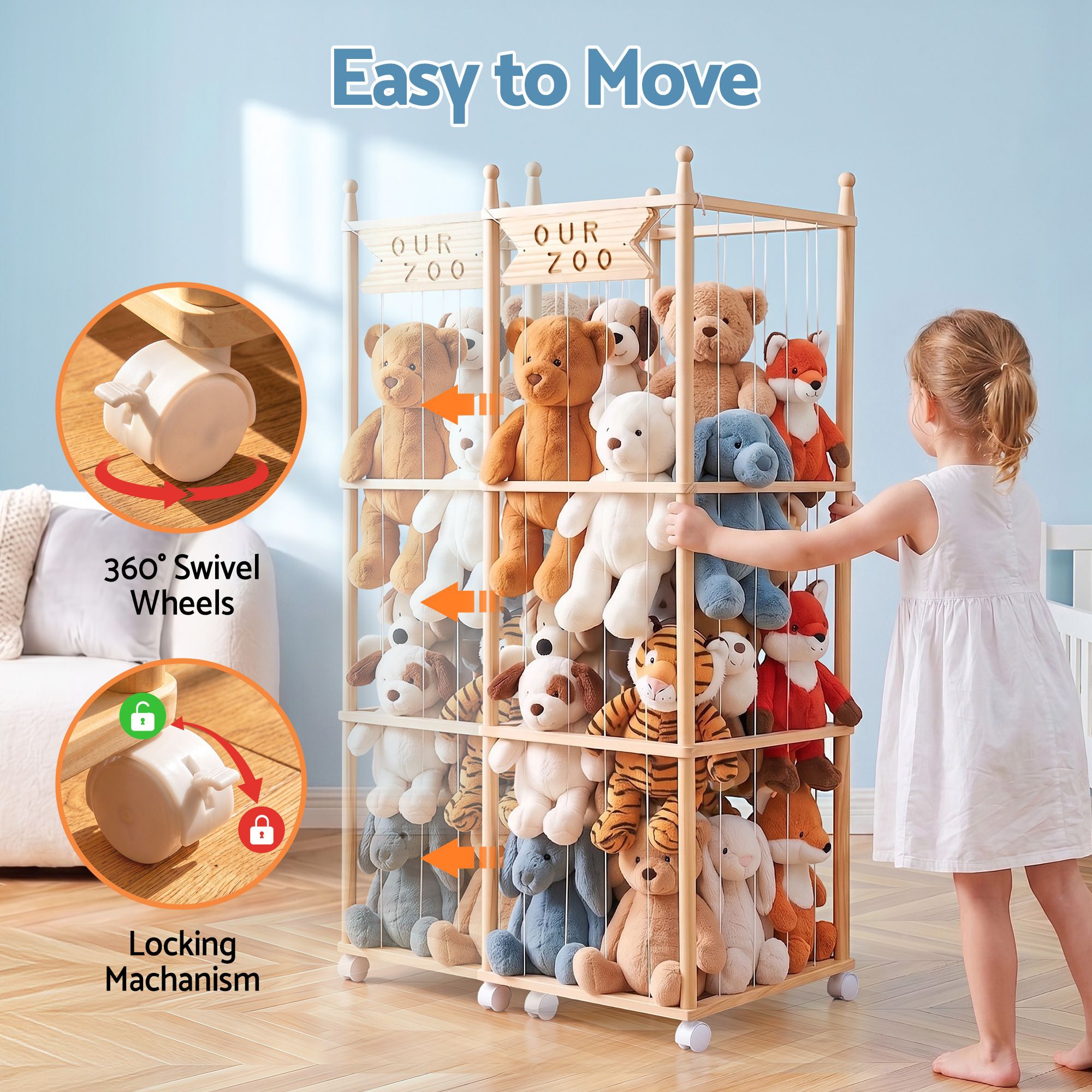 Keezi Stuffed Animal Storage Wooden Toy Holder with Wheels Soft Toy Storage Zoo Cage Stuffy Toy Storage Organizers with Elastic Cords for Playroom Bedroom Nursery - Baby & Kids > Kid's Furniture > Toy Boxes - Rivercity House & Home Co. (ABN 18 642 972 209) - Affordable Modern Furniture Australia