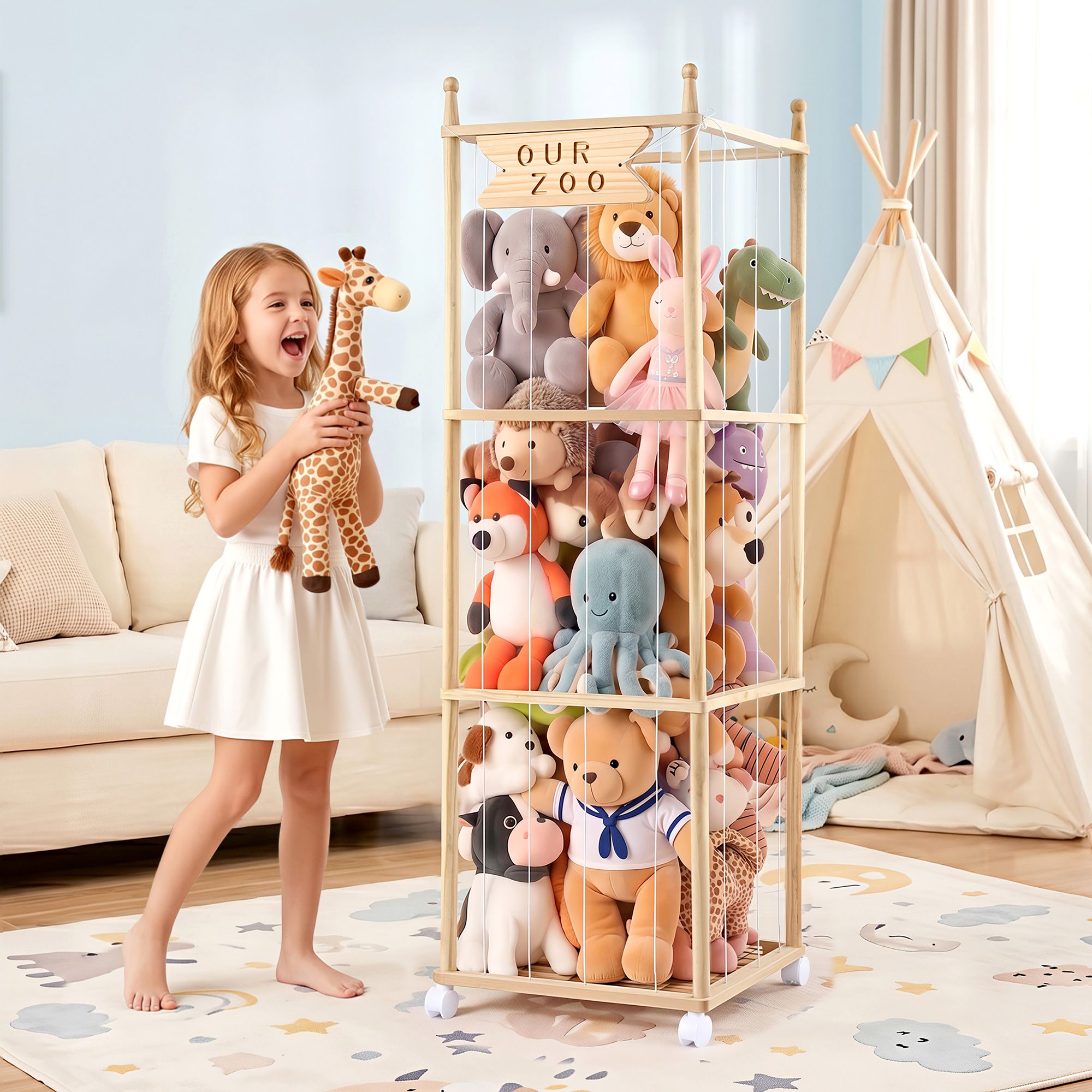 Keezi Stuffed Animal Storage Wooden Toy Holder with Wheels Soft Toy Storage Zoo Cage Stuffy Toy Storage Organizers with Elastic Cords for Playroom Bedroom Nursery - Baby & Kids > Kid's Furniture > Toy Boxes - Rivercity House & Home Co. (ABN 18 642 972 209) - Affordable Modern Furniture Australia