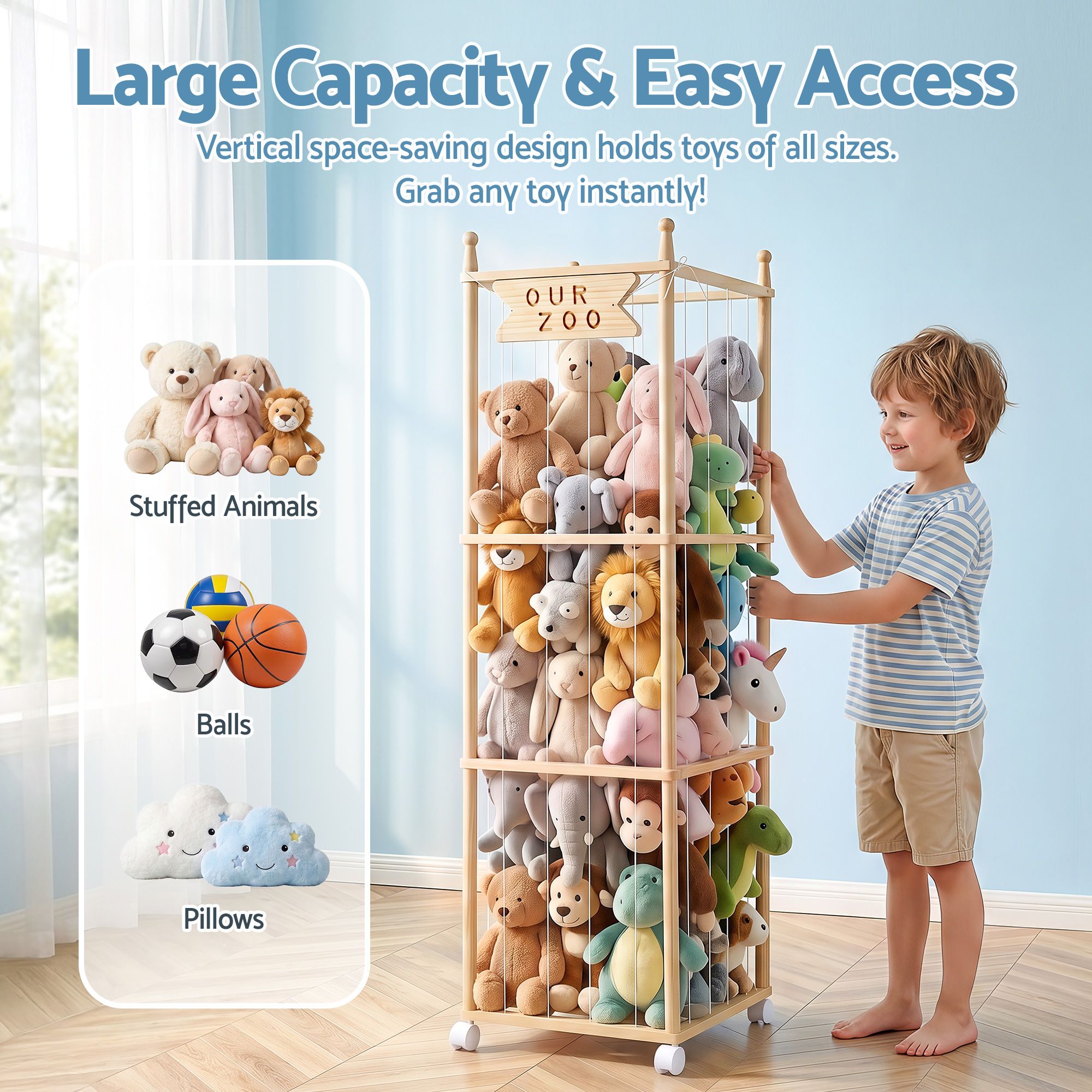 Keezi Stuffed Animal Storage Wooden Toy Holder with Wheels Soft Toy Storage Zoo Cage Stuffy Toy Storage Organizers with Elastic Cords for Playroom Bedroom Nursery - Baby & Kids > Kid's Furniture > Toy Boxes - Rivercity House & Home Co. (ABN 18 642 972 209) - Affordable Modern Furniture Australia