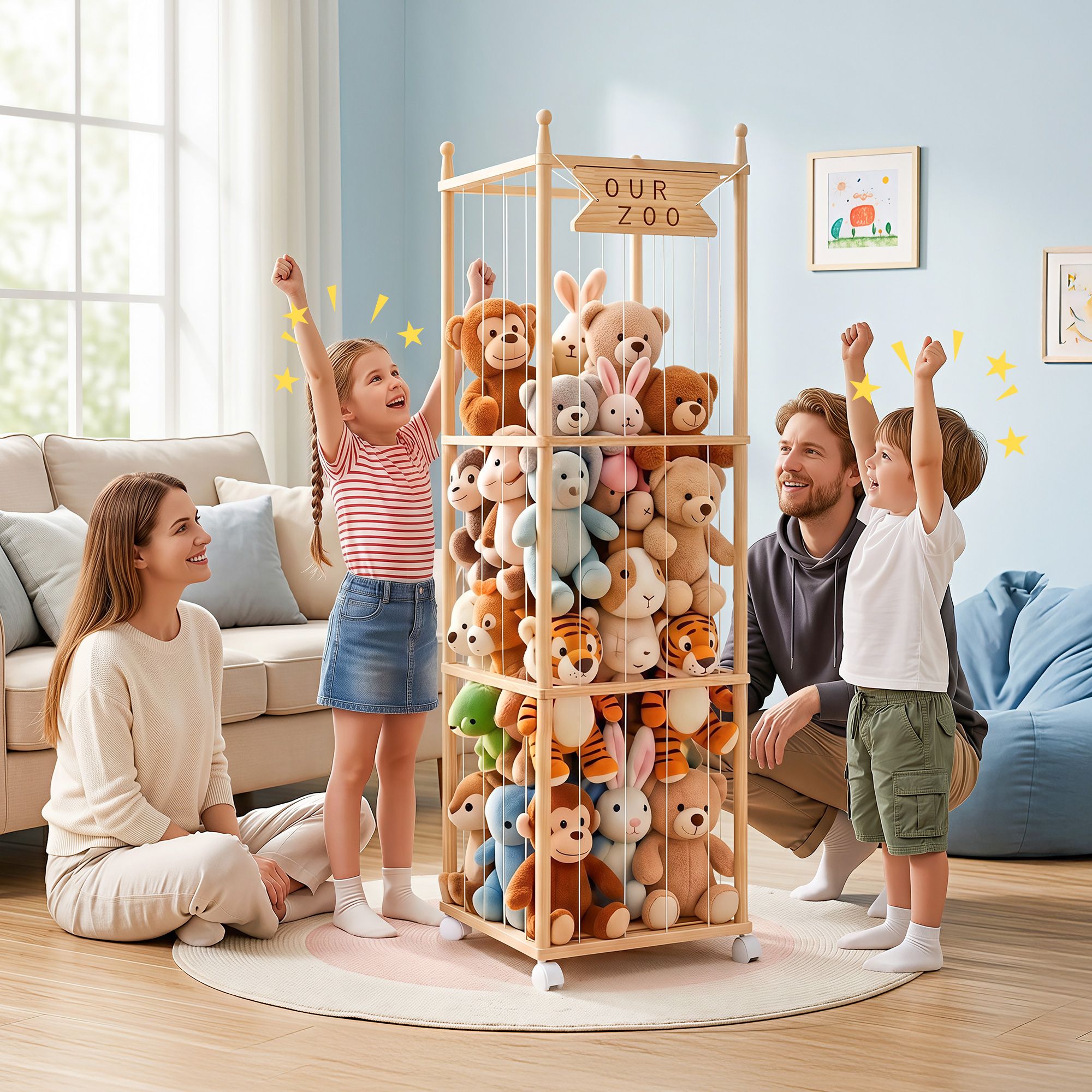 Keezi Stuffed Animal Storage Wooden Toy Holder with Wheels Soft Toy Storage Zoo Cage Stuffy Toy Storage Organizers with Elastic Cords for Playroom Bedroom Nursery - Baby & Kids > Kid's Furniture > Toy Boxes - Rivercity House & Home Co. (ABN 18 642 972 209) - Affordable Modern Furniture Australia