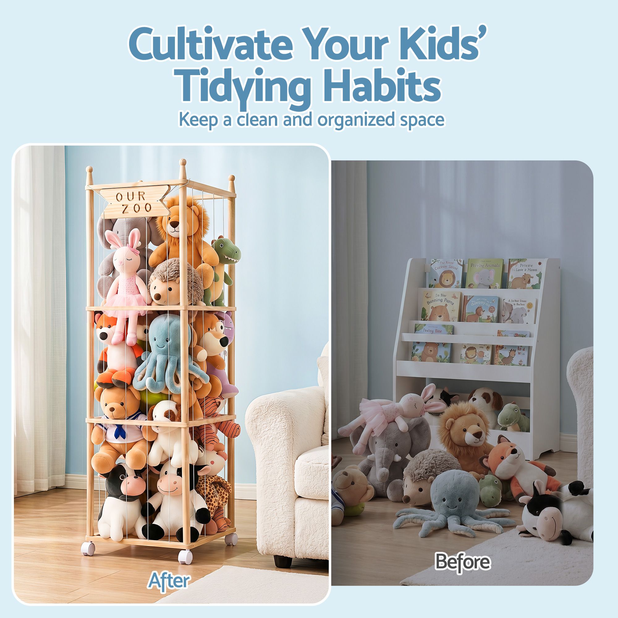 Keezi Stuffed Animal Storage Wooden Toy Holder with Wheels Soft Toy Storage Zoo Cage Stuffy Toy Storage Organizers with Elastic Cords for Playroom Bedroom Nursery - Baby & Kids > Kid's Furniture > Toy Boxes - Rivercity House & Home Co. (ABN 18 642 972 209) - Affordable Modern Furniture Australia