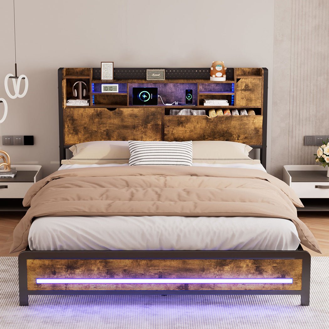 Kensley Double LED Storage Bed Frame – Industrial - Rivercity House & Home Co. (ABN 18 642 972 209) - Affordable Modern Furniture Australia
