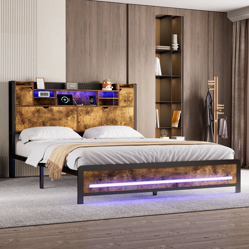 Kensley Queen LED Storage Bed Frame – Industrial - Rivercity House & Home Co. (ABN 18 642 972 209) - Affordable Modern Furniture Australia
