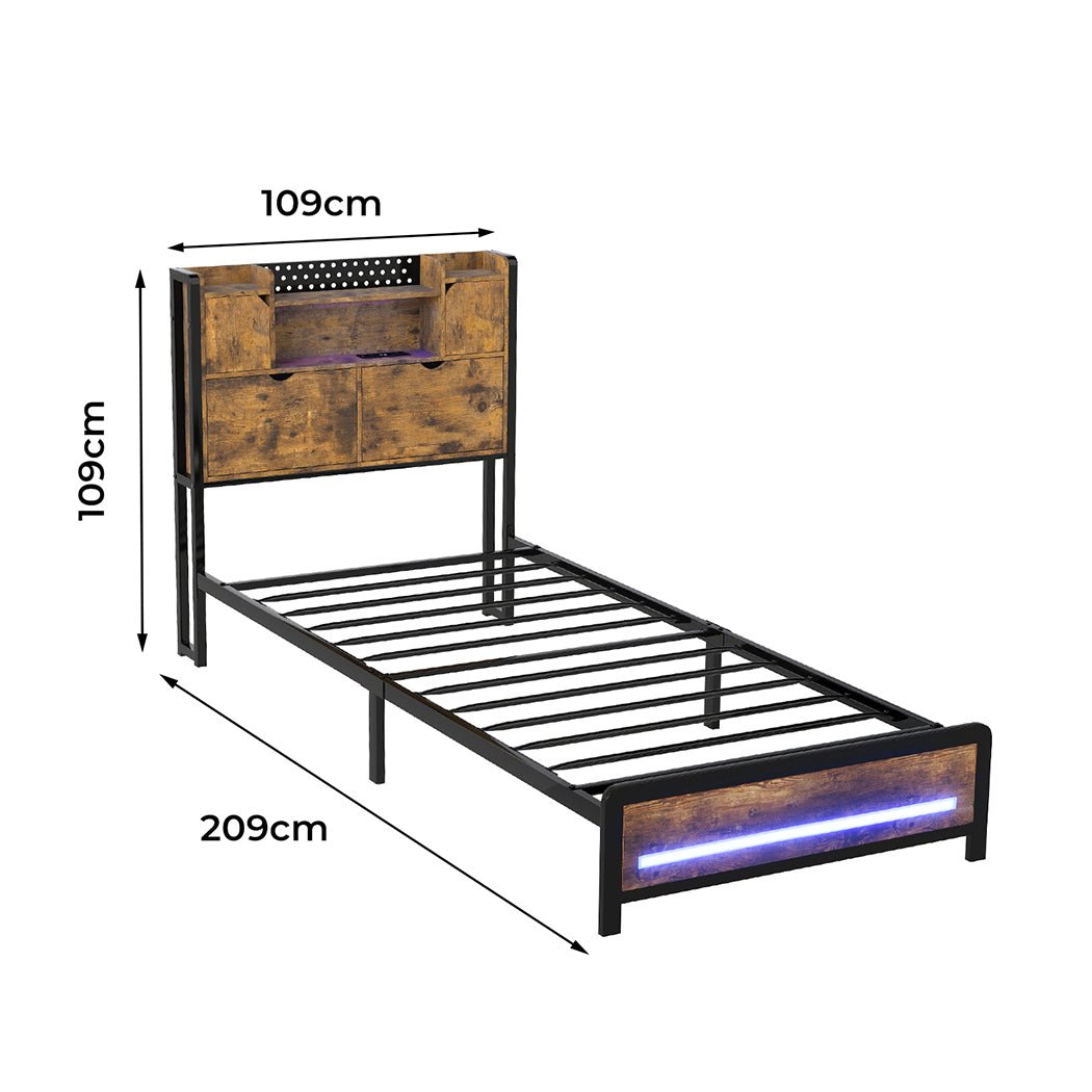 Kensley Single LED Storage Bed Frame – Industrial - Rivercity House & Home Co. (ABN 18 642 972 209) - Affordable Modern Furniture Australia