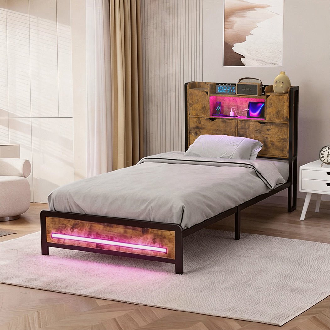 Kensley Single LED Storage Bed Frame – Industrial - Rivercity House & Home Co. (ABN 18 642 972 209) - Affordable Modern Furniture Australia