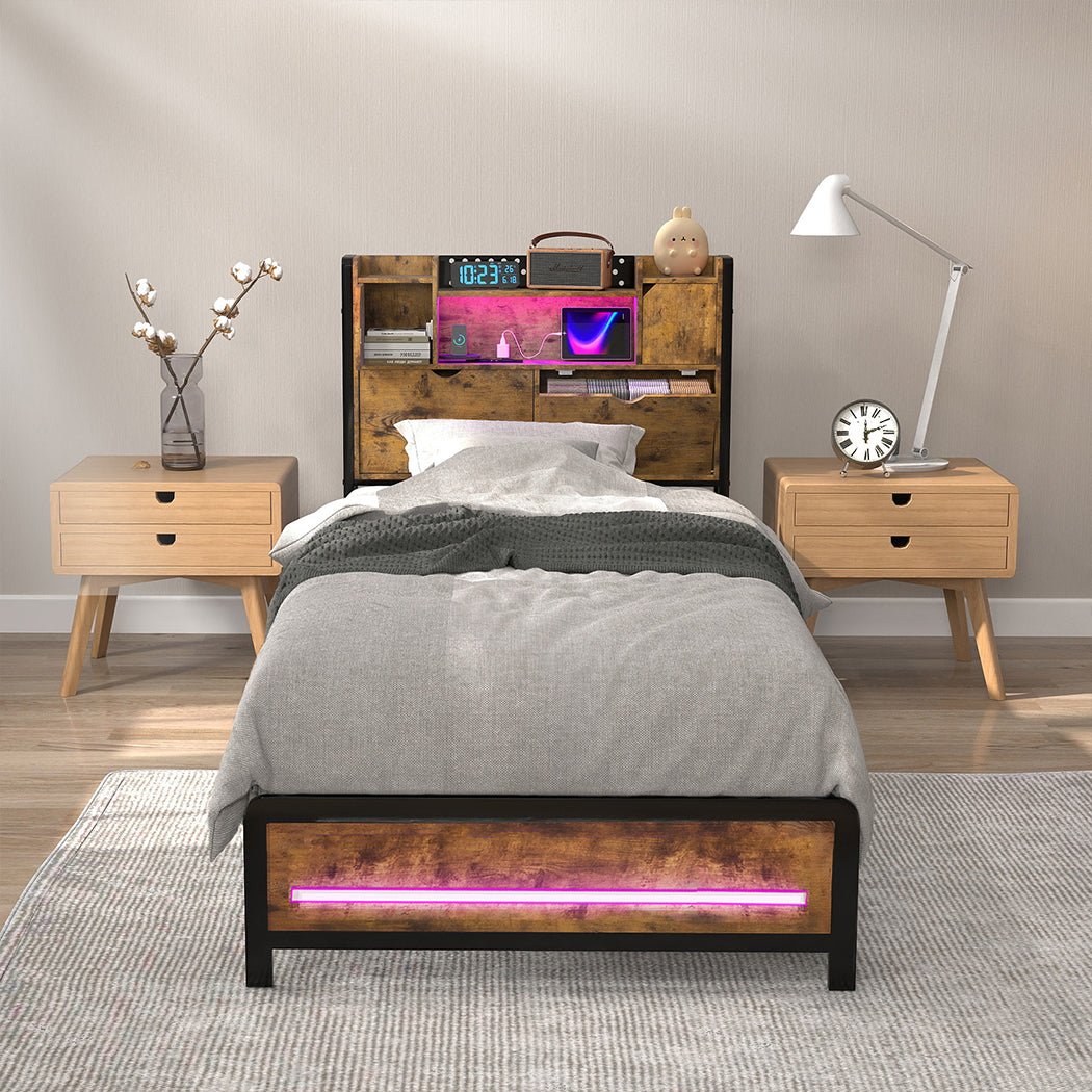 Kensley Single LED Storage Bed Frame – Industrial - Rivercity House & Home Co. (ABN 18 642 972 209) - Affordable Modern Furniture Australia