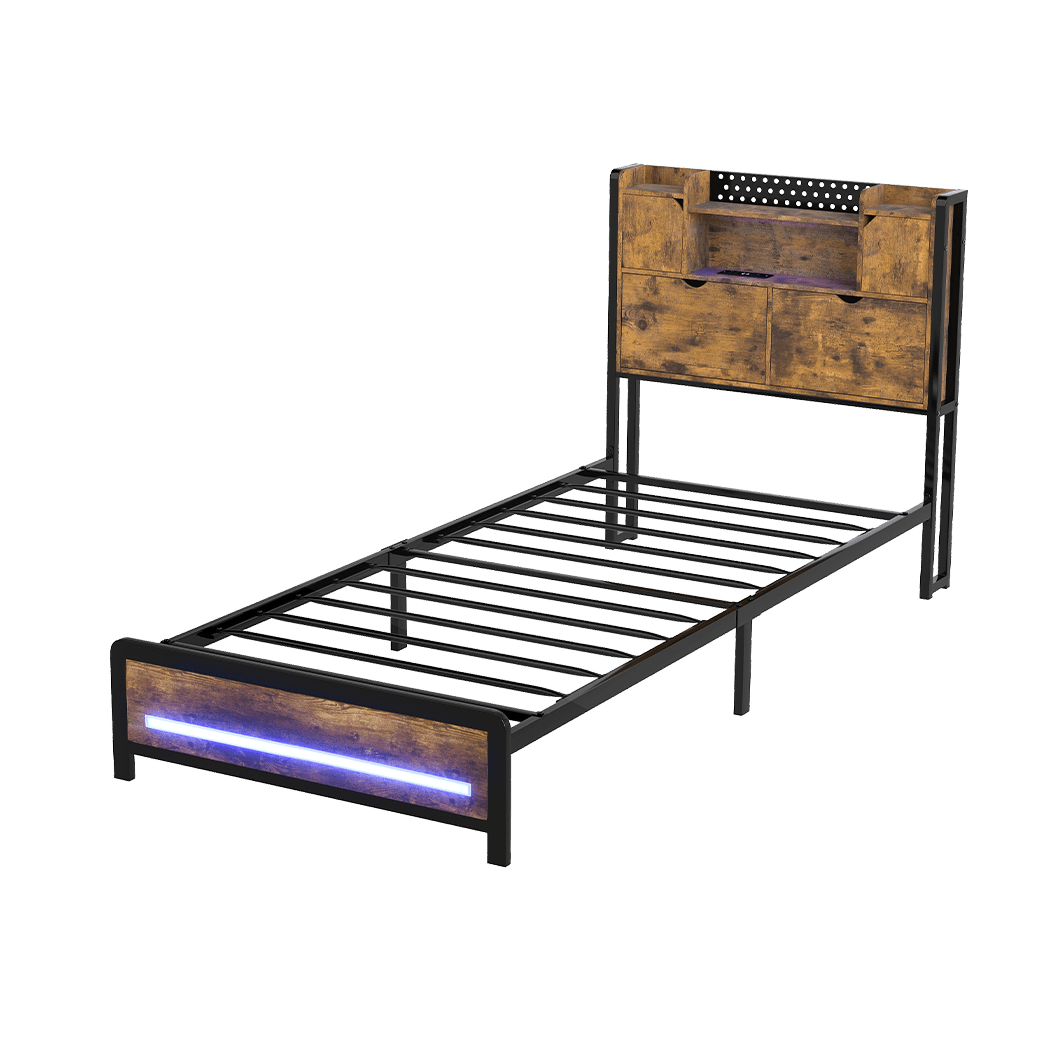 Kensley Single LED Storage Bed Frame – Industrial - Rivercity House & Home Co. (ABN 18 642 972 209) - Affordable Modern Furniture Australia