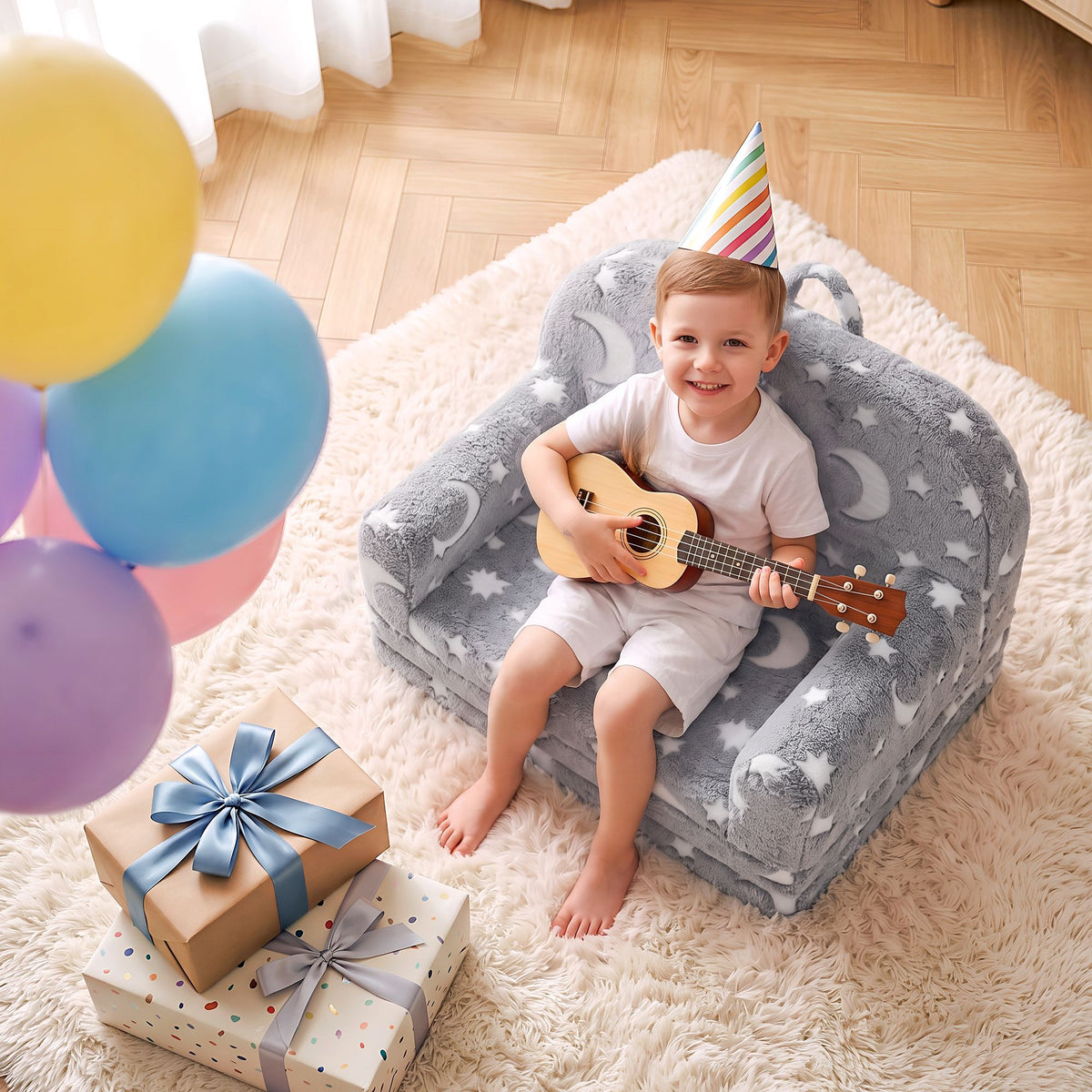 Kids 2-in-1 Fold Out Sofa Bed with Removable Washable Cover, Carry Handle, Storage Pocket, Glow in the Dark, Grey - Baby & Kids > Kid's Furniture > Kid's Tables, Chairs & Seats - Rivercity House & Home Co. (ABN 18 642 972 209) - Affordable Modern Furniture Australia
