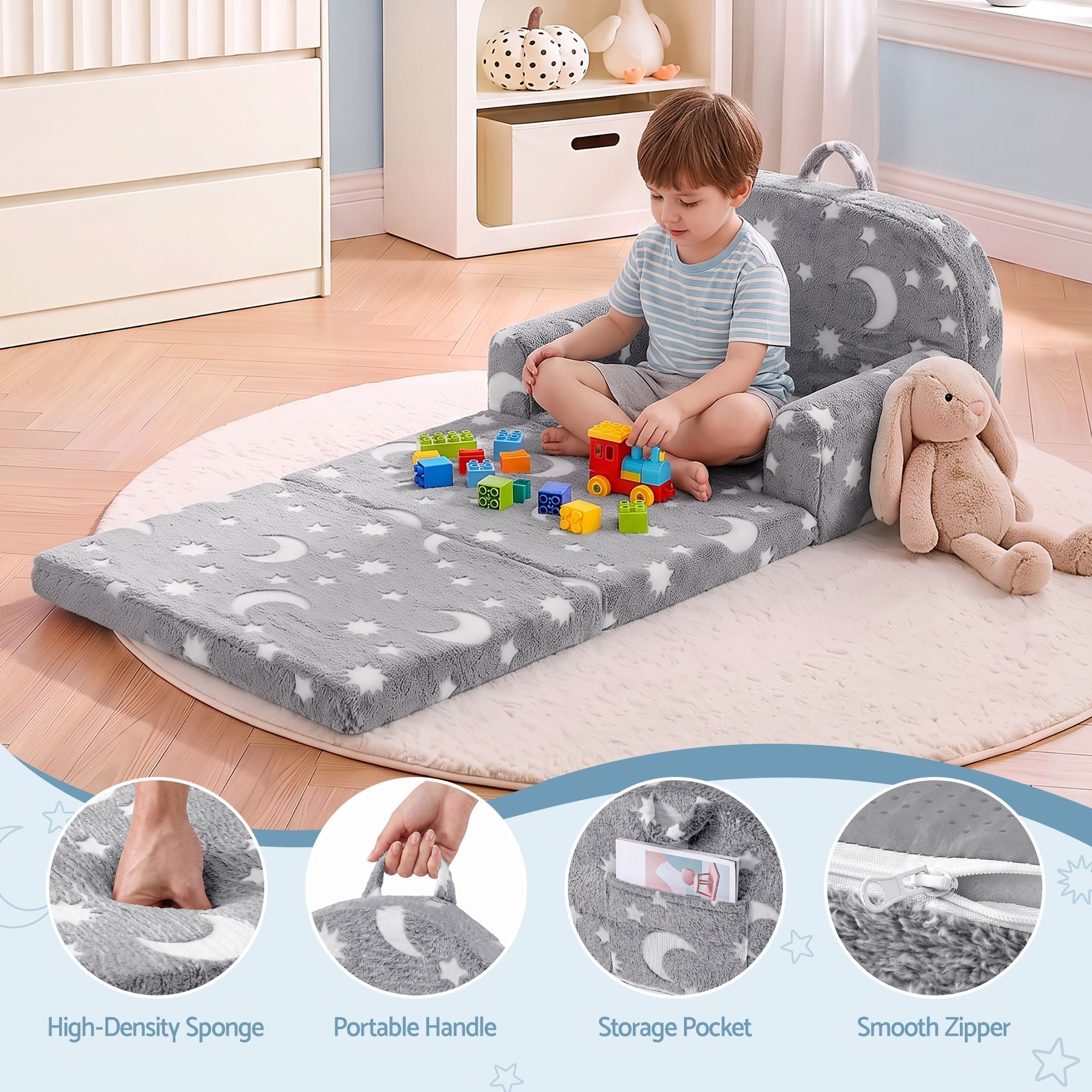Kids 2-in-1 Fold Out Sofa Bed with Removable Washable Cover, Carry Handle, Storage Pocket, Glow in the Dark, Grey - Baby & Kids > Kid's Furniture > Kid's Tables, Chairs & Seats - Rivercity House & Home Co. (ABN 18 642 972 209) - Affordable Modern Furniture Australia