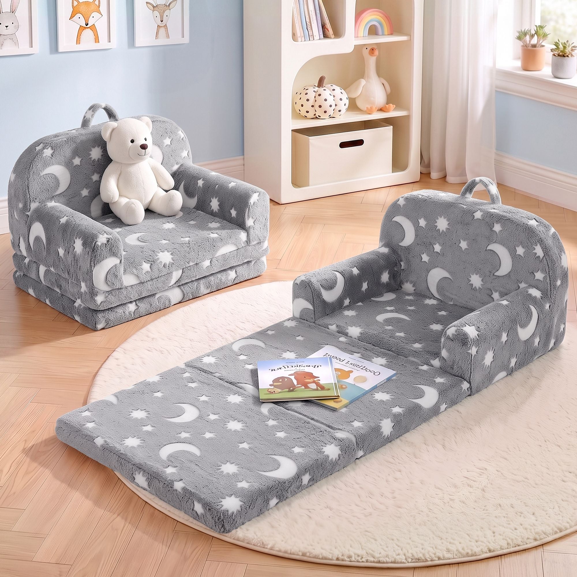 Kids 2-in-1 Fold Out Sofa Bed with Removable Washable Cover, Carry Handle, Storage Pocket, Glow in the Dark, Grey - Baby & Kids > Kid's Furniture > Kid's Tables, Chairs & Seats - Rivercity House & Home Co. (ABN 18 642 972 209) - Affordable Modern Furniture Australia