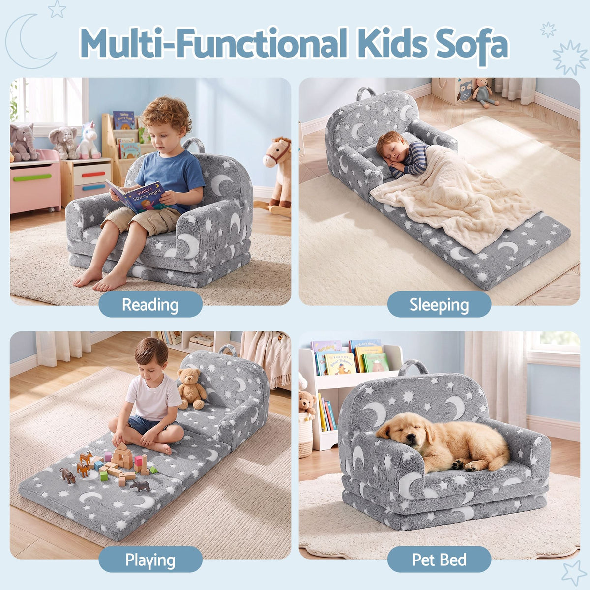 Kids 2-in-1 Fold Out Sofa Bed with Removable Washable Cover, Carry Handle, Storage Pocket, Glow in the Dark, Grey - Baby & Kids > Kid's Furniture > Kid's Tables, Chairs & Seats - Rivercity House & Home Co. (ABN 18 642 972 209) - Affordable Modern Furniture Australia