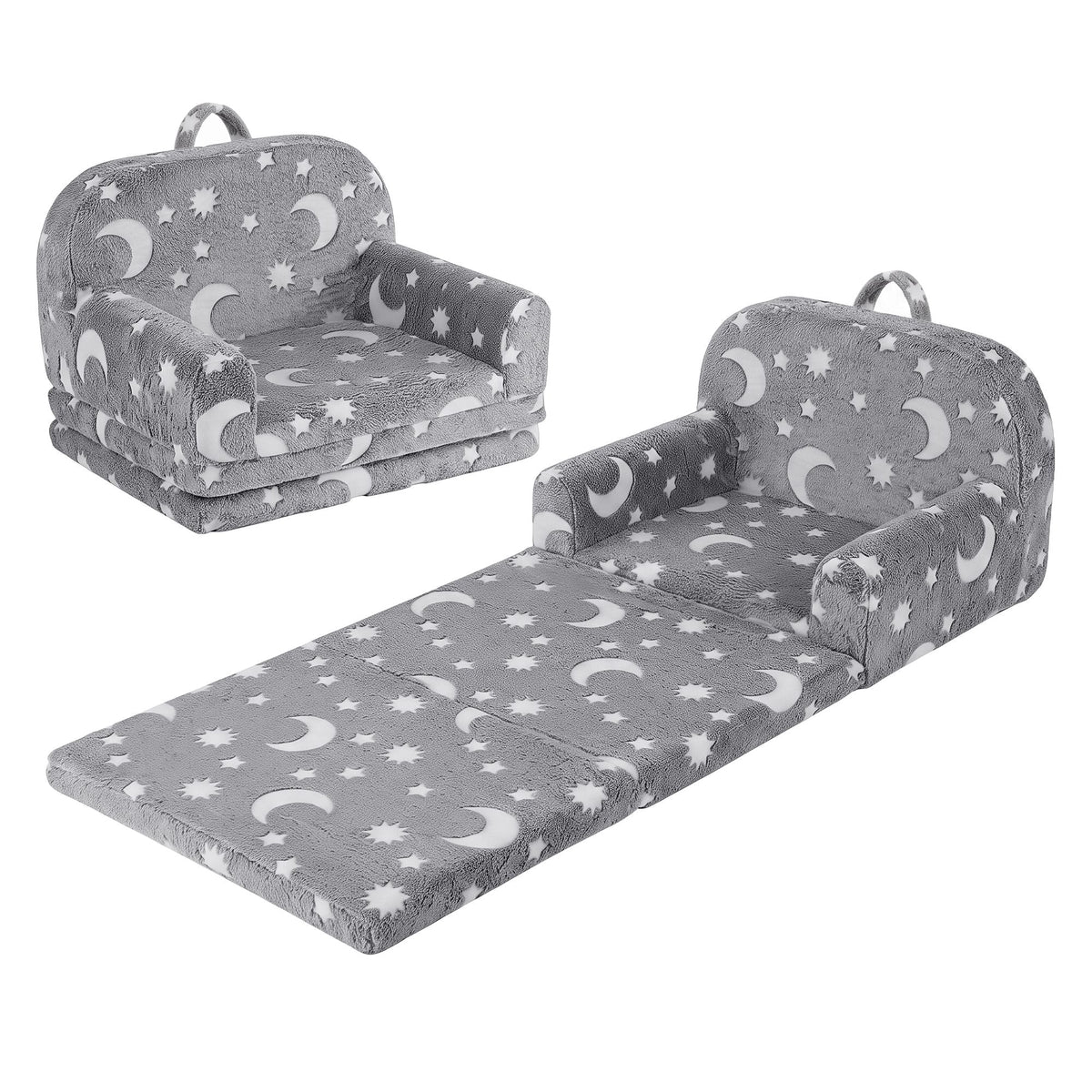 Kids 2-in-1 Fold Out Sofa Bed with Removable Washable Cover, Carry Handle, Storage Pocket, Glow in the Dark, Grey - Baby & Kids > Kid's Furniture > Kid's Tables, Chairs & Seats - Rivercity House & Home Co. (ABN 18 642 972 209) - Affordable Modern Furniture Australia