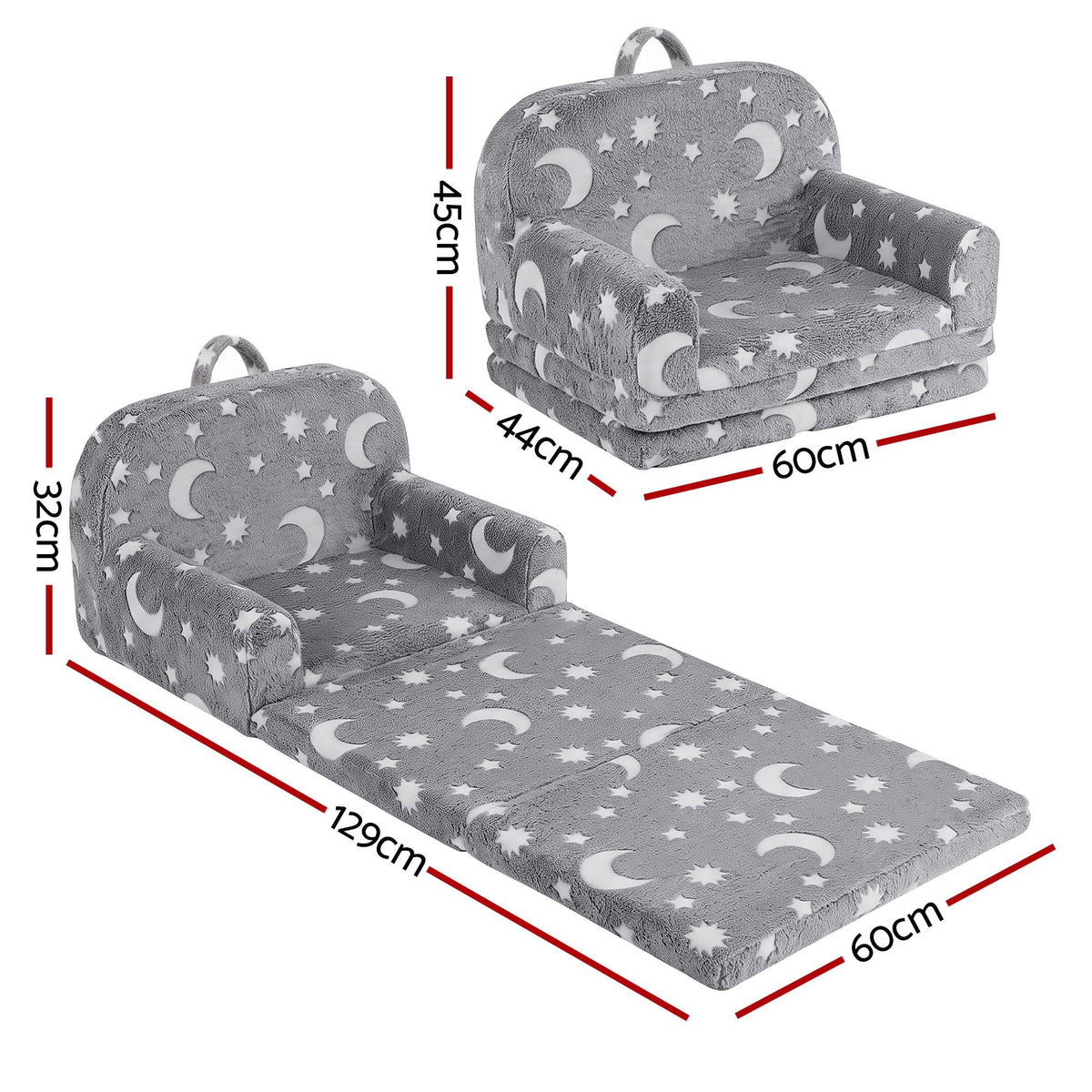 Kids 2-in-1 Fold Out Sofa Bed with Removable Washable Cover, Carry Handle, Storage Pocket, Glow in the Dark, Grey - Baby & Kids > Kid's Furniture > Kid's Tables, Chairs & Seats - Rivercity House & Home Co. (ABN 18 642 972 209) - Affordable Modern Furniture Australia