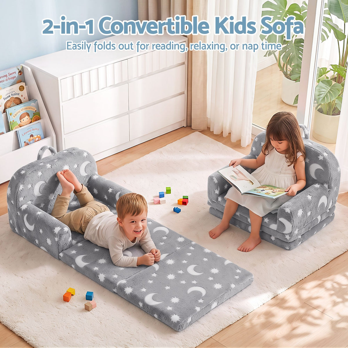 Kids 2-in-1 Fold Out Sofa Bed with Removable Washable Cover, Carry Handle, Storage Pocket, Glow in the Dark, Grey - Baby & Kids > Kid's Furniture > Kid's Tables, Chairs & Seats - Rivercity House & Home Co. (ABN 18 642 972 209) - Affordable Modern Furniture Australia