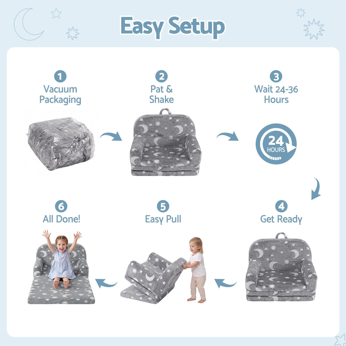 Kids 2-in-1 Fold Out Sofa Bed with Removable Washable Cover, Carry Handle, Storage Pocket, Glow in the Dark, Grey - Baby & Kids > Kid's Furniture > Kid's Tables, Chairs & Seats - Rivercity House & Home Co. (ABN 18 642 972 209) - Affordable Modern Furniture Australia