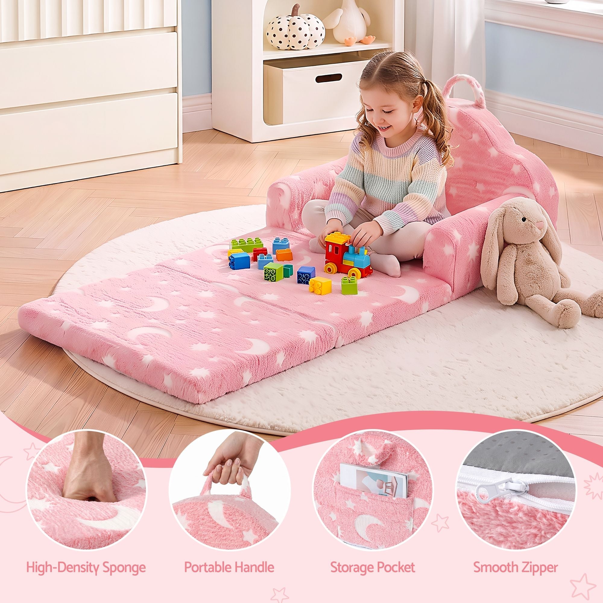 Kids 2-in-1 Fold Out Sofa Bed with Removable Washable Cover, Carry Handle, Storage Pocket, Glow in the Dark, Pink - Baby & Kids > Kid's Furniture > Kid's Tables, Chairs & Seats - Rivercity House & Home Co. (ABN 18 642 972 209) - Affordable Modern Furniture Australia