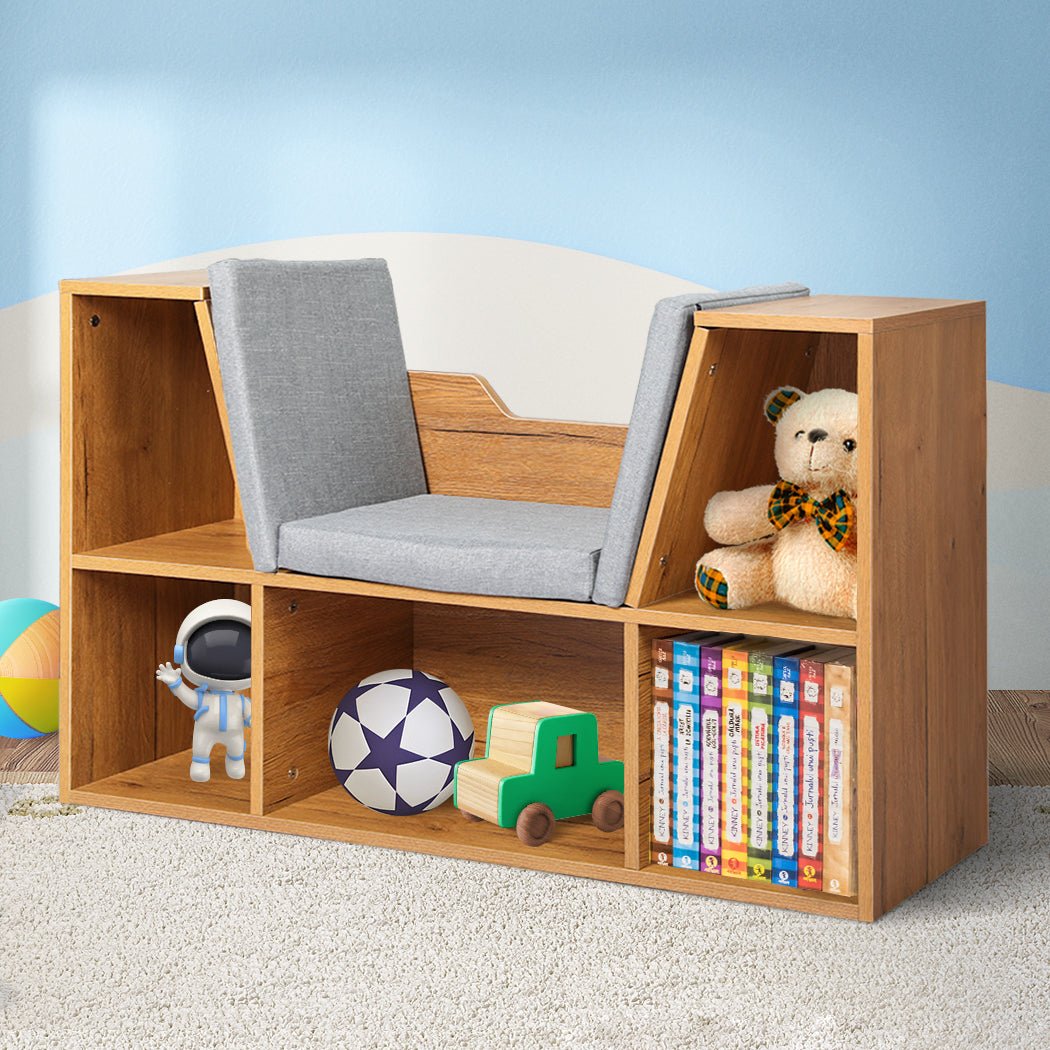 Kids Bookcase Toy Storage Box with Seat - Brown - Rivercity House & Home Co. (ABN 18 642 972 209) - Affordable Modern Furniture Australia