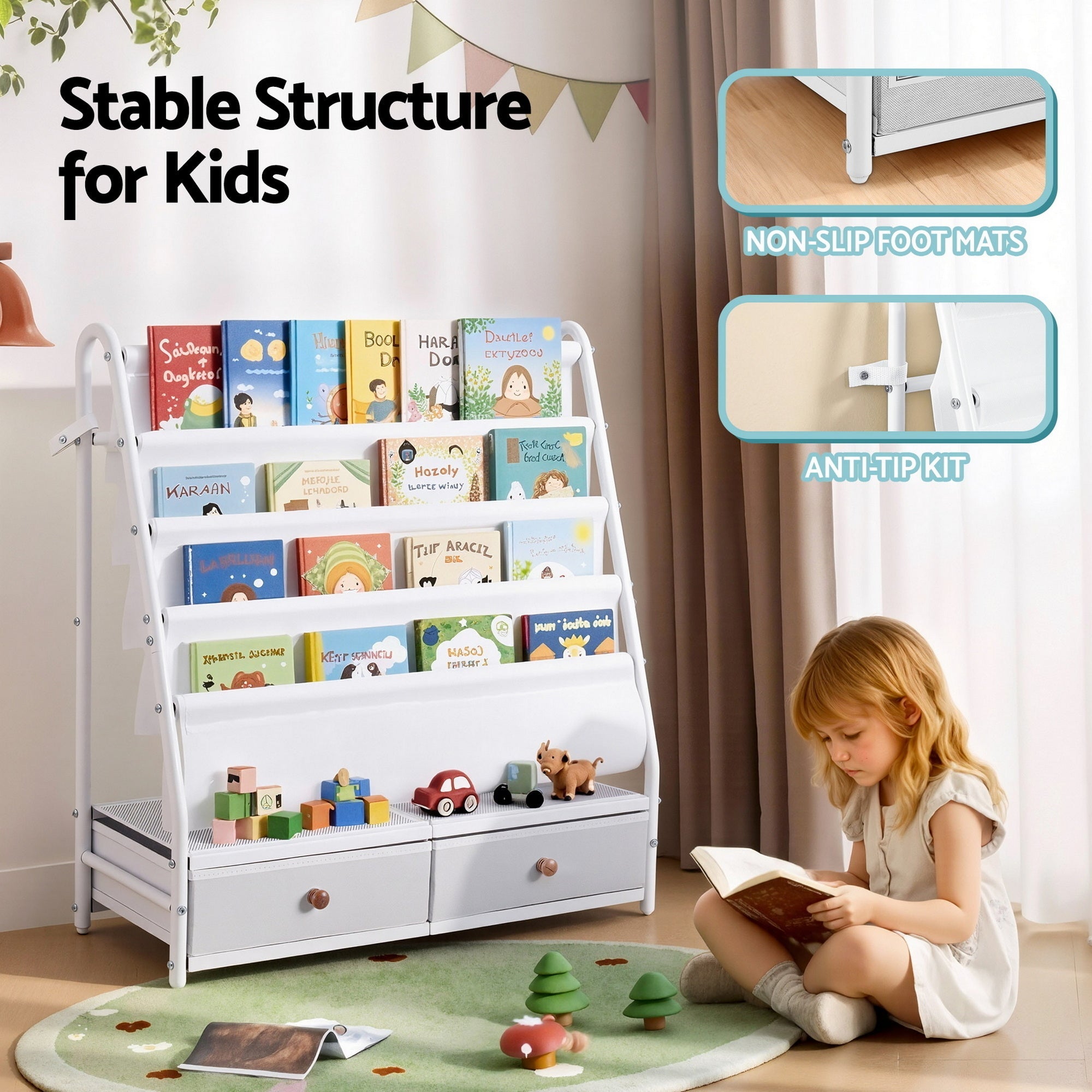 Kids Bookshelf Metal Storage Rack Toy Organiser Display Shelf Drawer White - Baby & Kids > Kid's Furniture > Kid's Bookcases & Shelves - Rivercity House & Home Co. (ABN 18 642 972 209) - Affordable Modern Furniture Australia