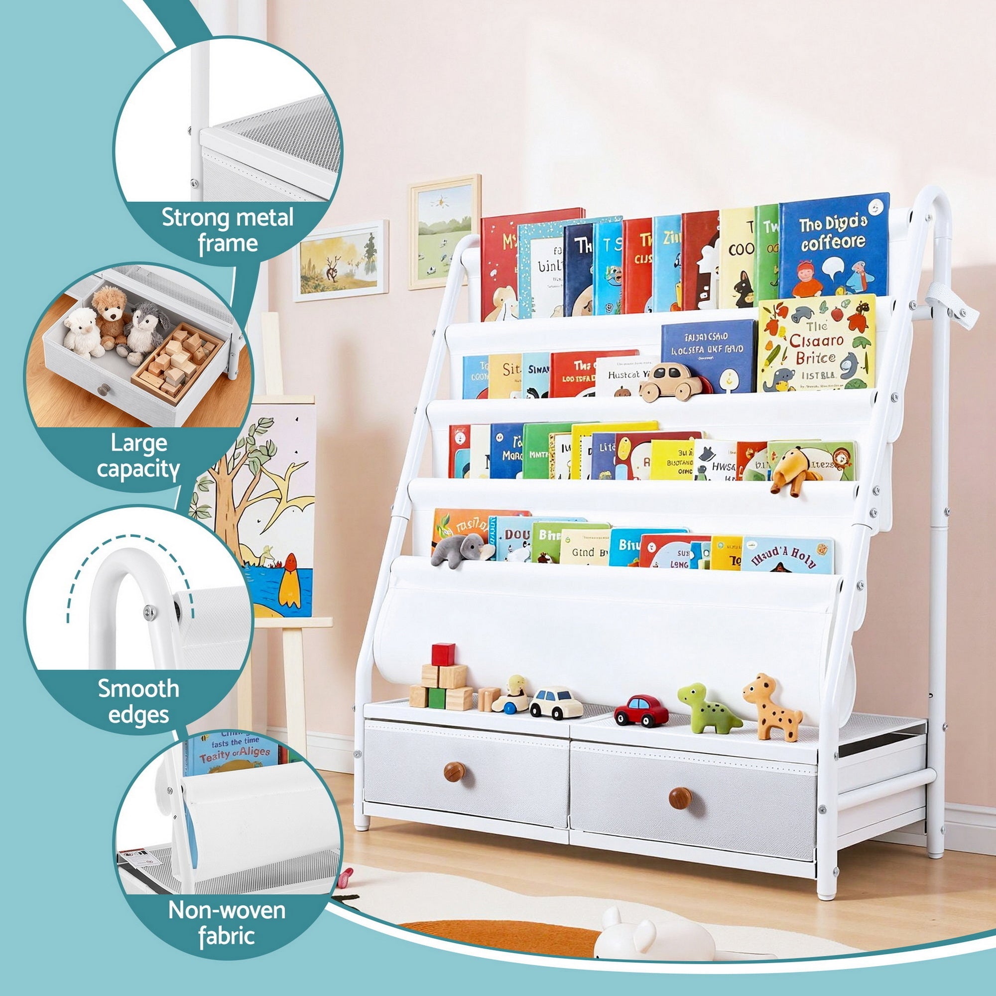 Kids Bookshelf Metal Storage Rack Toy Organiser Display Shelf Drawer White - Baby & Kids > Kid's Furniture > Kid's Bookcases & Shelves - Rivercity House & Home Co. (ABN 18 642 972 209) - Affordable Modern Furniture Australia