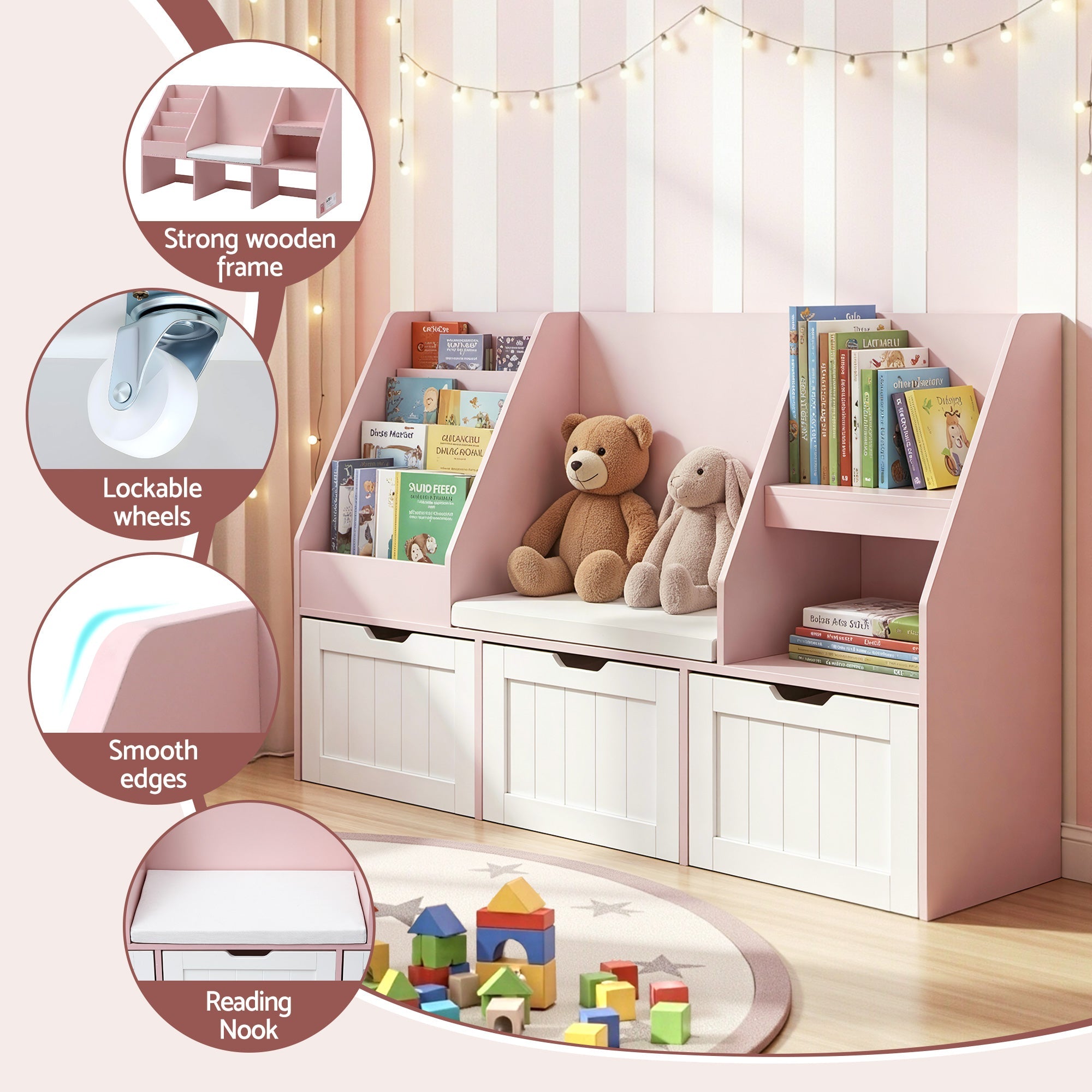 Kids Bookshelf Storage Organiser Toy Box Drawer Bench Seat Cabinet Pink - Baby & Kids > Kid's Furniture > Kid's Bookcases & Shelves - Rivercity House & Home Co. (ABN 18 642 972 209) - Affordable Modern Furniture Australia