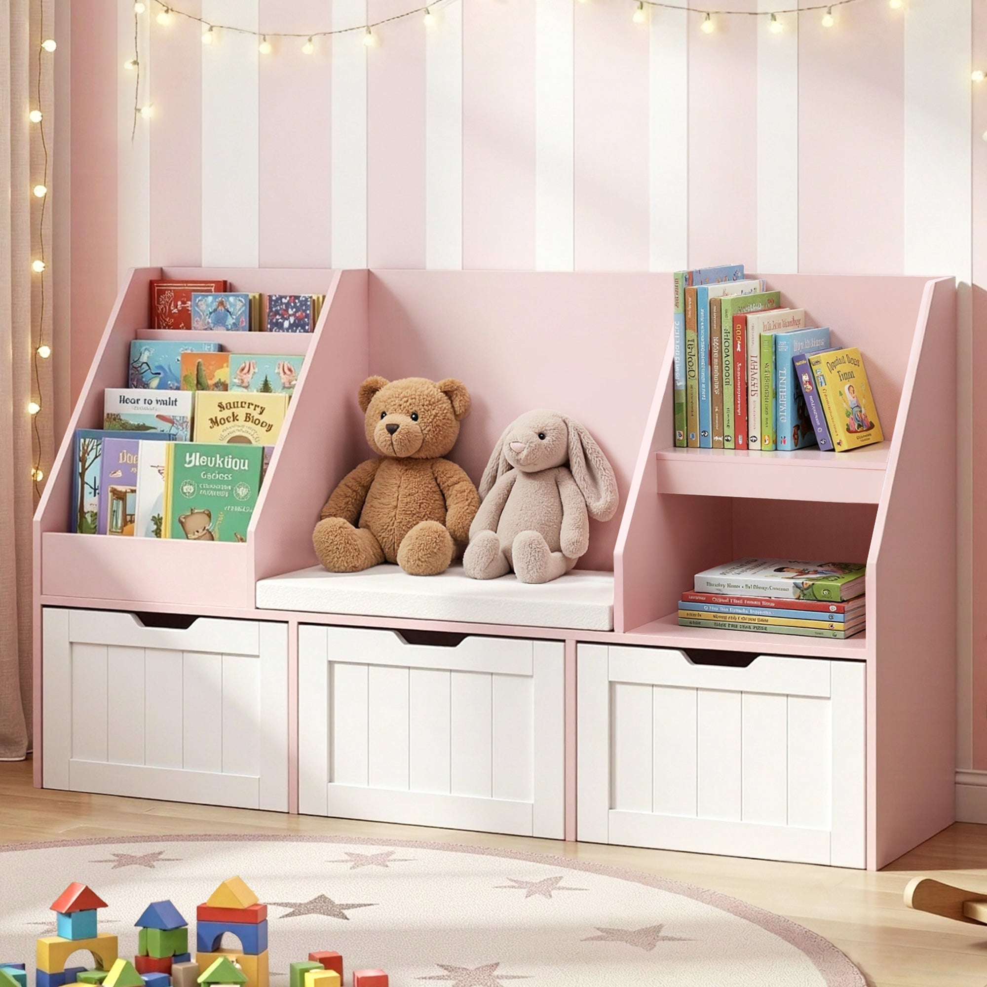 Kids Bookshelf Storage Organiser Toy Box Drawer Bench Seat Cabinet Pink - Baby & Kids > Kid's Furniture > Kid's Bookcases & Shelves - Rivercity House & Home Co. (ABN 18 642 972 209) - Affordable Modern Furniture Australia