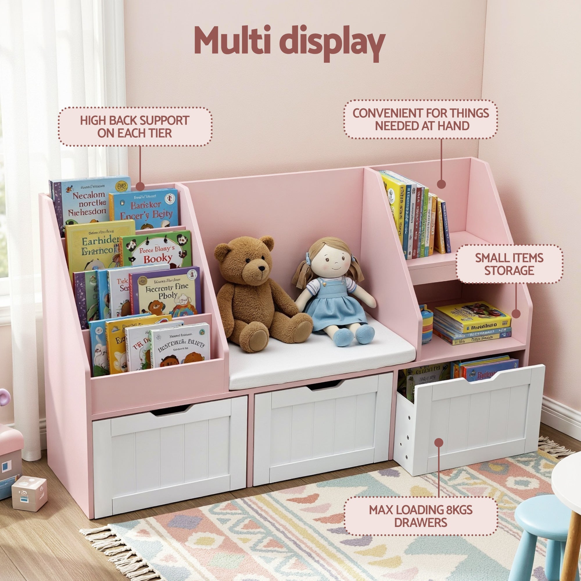 Kids Bookshelf Storage Organiser Toy Box Drawer Bench Seat Cabinet Pink - Baby & Kids > Kid's Furniture > Kid's Bookcases & Shelves - Rivercity House & Home Co. (ABN 18 642 972 209) - Affordable Modern Furniture Australia
