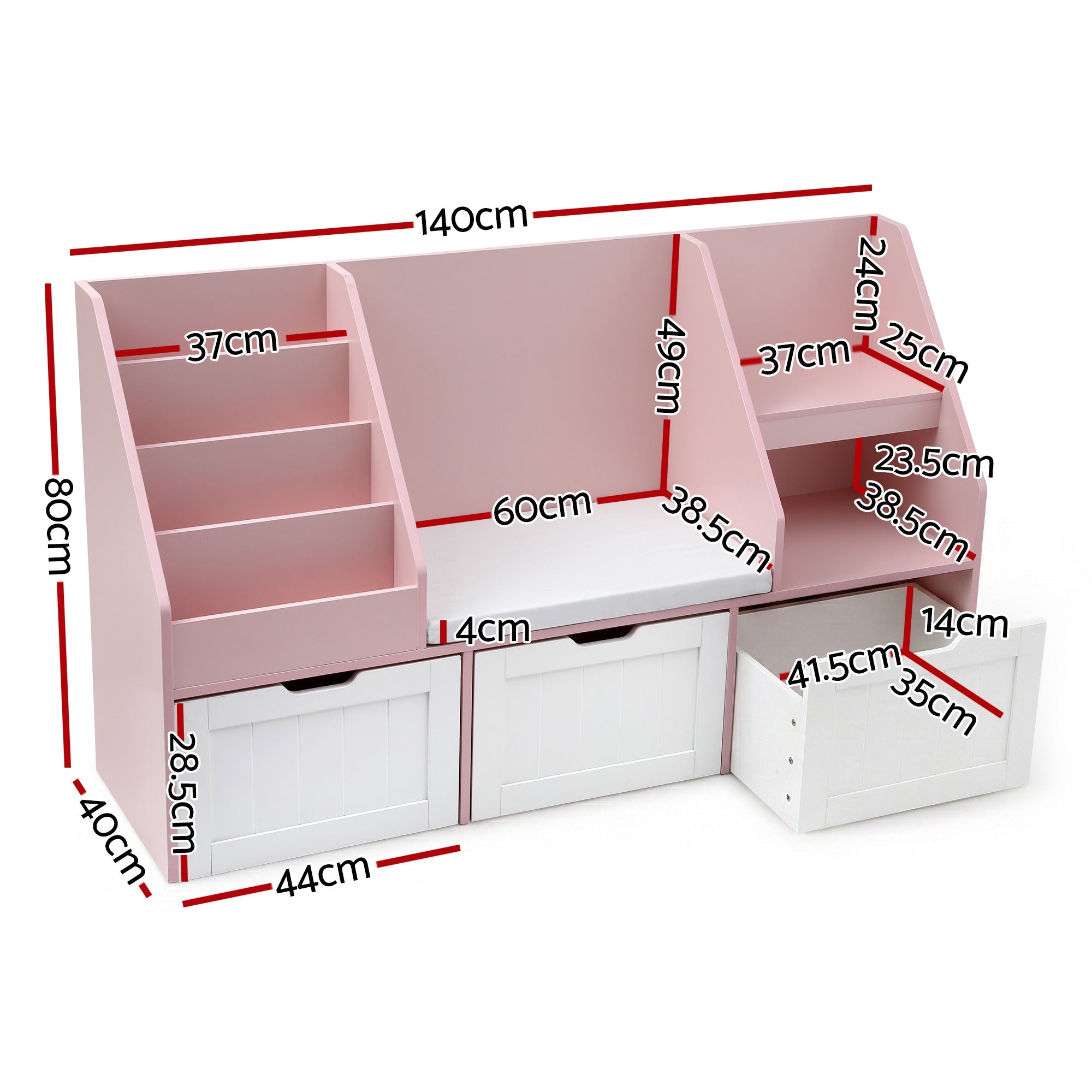 Kids Bookshelf Storage Organiser Toy Box Drawer Bench Seat Cabinet Pink - Baby & Kids > Kid's Furniture > Kid's Bookcases & Shelves - Rivercity House & Home Co. (ABN 18 642 972 209) - Affordable Modern Furniture Australia