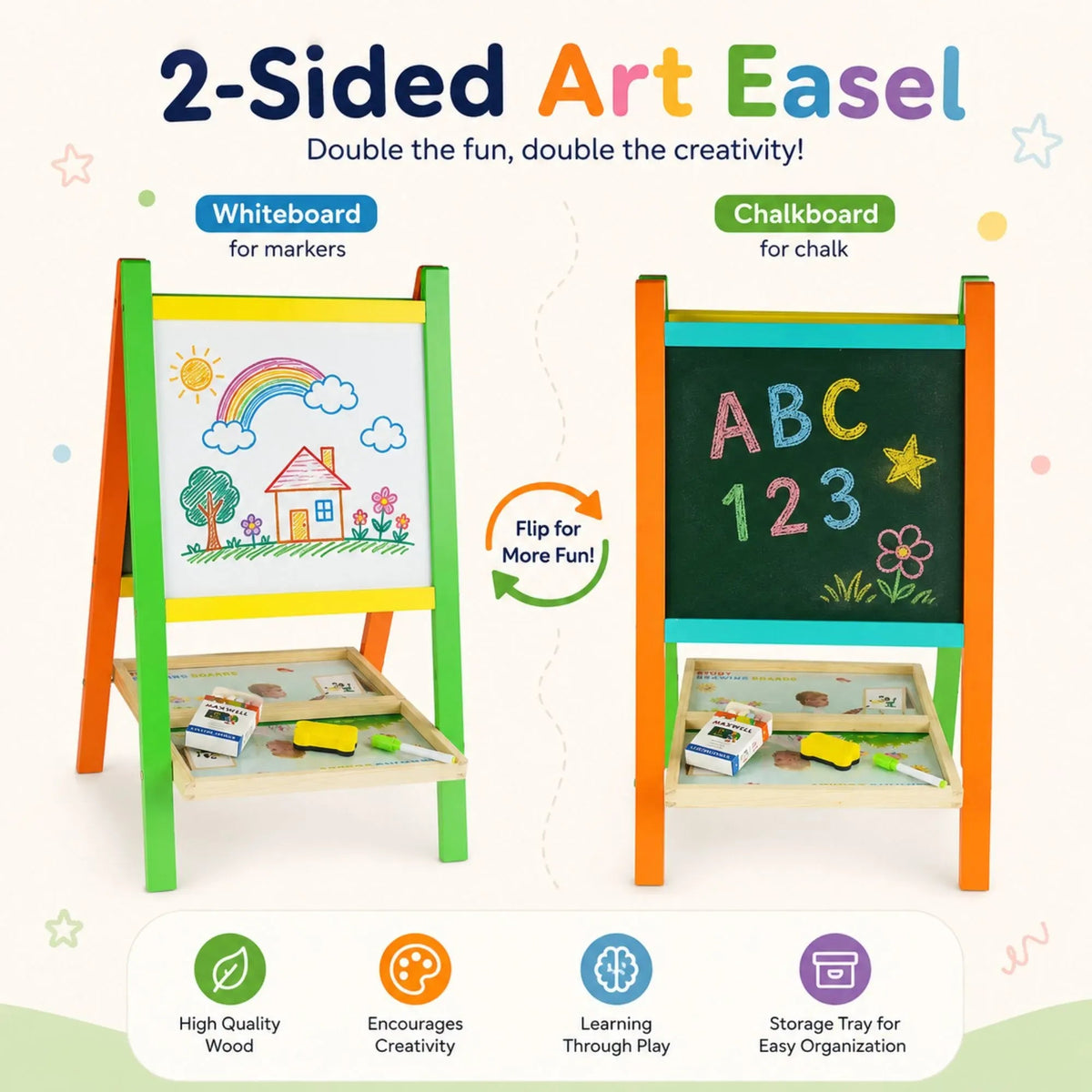 Kids Double-Sided Art Easel with Chalkboard and Magnetic Whiteboard - Multicolour - Home & Garden > Home Office Accessories > Desk Accessories - Rivercity House & Home Co. (ABN 18 642 972 209) - Affordable Modern Furniture Australia
