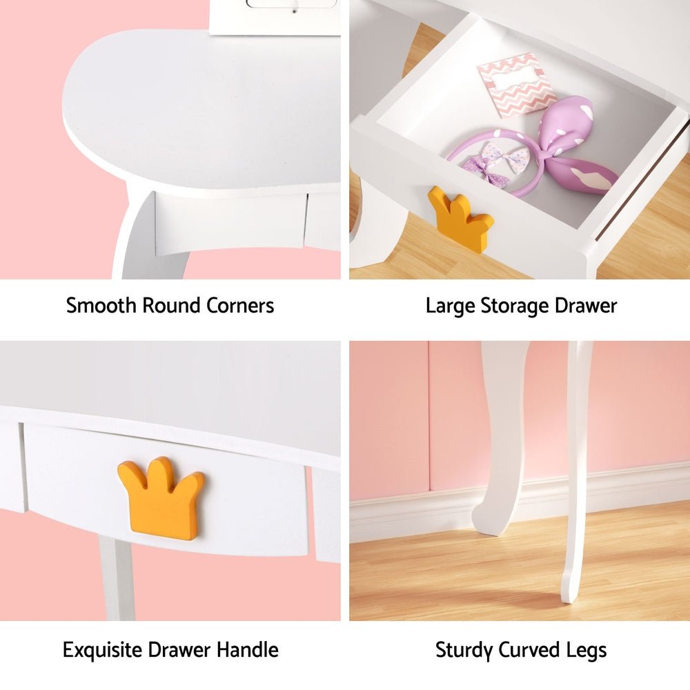 Kids Dressing Table Vanity Makeup Chair Set Wooden 3 Mirror Drawer White - Baby & Kids > Kid's Furniture > Kid's Dressers, Cupboards & Wardrobes - Rivercity House & Home Co. (ABN 18 642 972 209) - Affordable Modern Furniture Australia