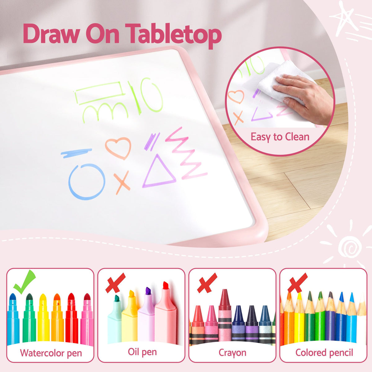 Kids Height Adjustable Table and 2 Chairs Set with Graffiti Draw-on Top - Pink - Baby & Kids > Kid's Furniture > Kid's Tables, Chairs & Seats - Rivercity House & Home Co. (ABN 18 642 972 209) - Affordable Modern Furniture Australia