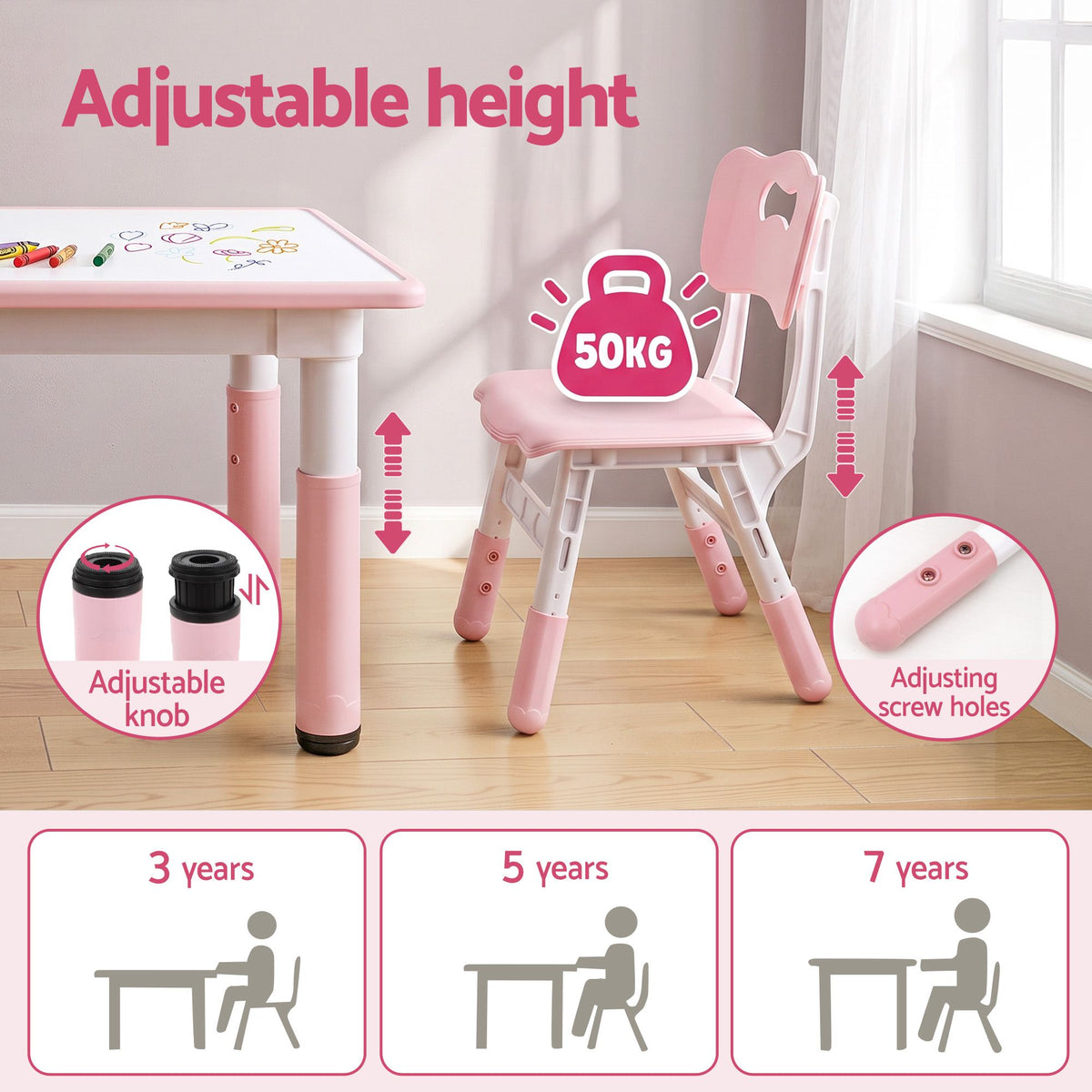Kids Height Adjustable Table and 2 Chairs Set with Graffiti Draw-on Top - Pink - Baby & Kids > Kid's Furniture > Kid's Tables, Chairs & Seats - Rivercity House & Home Co. (ABN 18 642 972 209) - Affordable Modern Furniture Australia