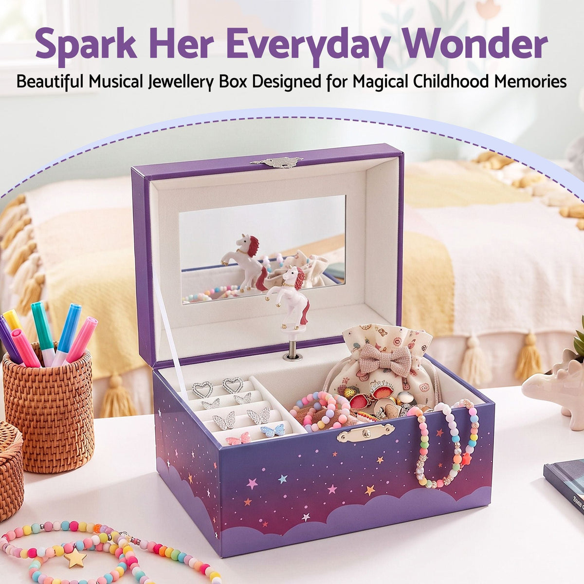 Kids Jewellery Box Organiser with Music and Mirror Unicorn - Purple - Baby & Kids > Kid's Furniture > Toy Boxes - Rivercity House & Home Co. (ABN 18 642 972 209) - Affordable Modern Furniture Australia