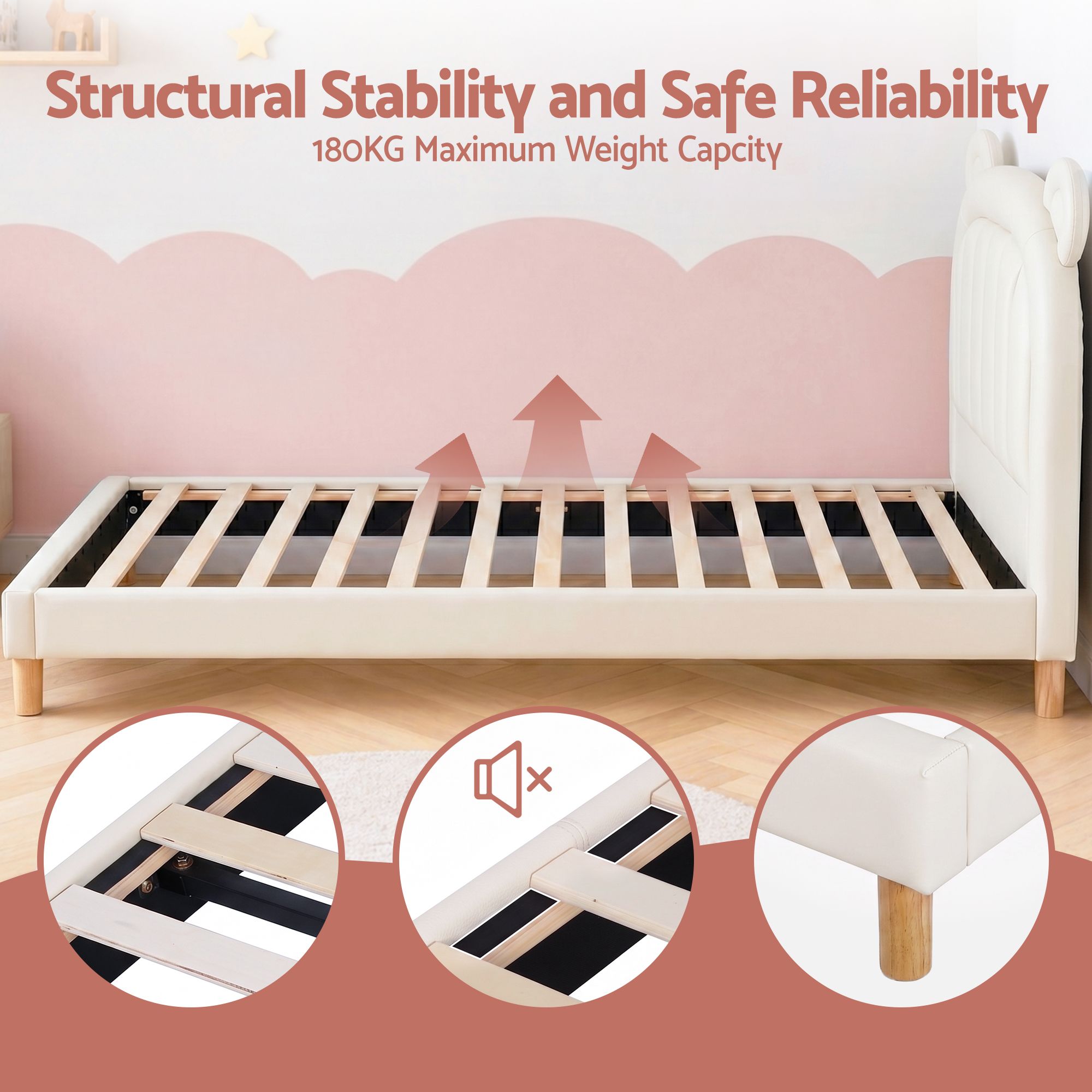 Kids King Single Bed Frame Bear Ears Headboard Upholstered Leather Platform Bed for Child - Furniture > Bedroom > Beds & Bed Frames - Rivercity House & Home Co. (ABN 18 642 972 209) - Affordable Modern Furniture Australia
