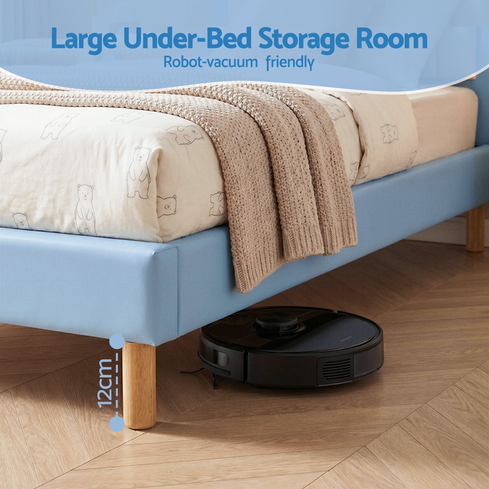 Kids King Single Bed Frame Upholstered Bear Headboard Waterproof Leather Boys Bed 180kg Capacity Blue and White - Furniture > Bedroom > Beds & Bed Frames - Rivercity House & Home Co. (ABN 18 642 972 209) - Affordable Modern Furniture Australia