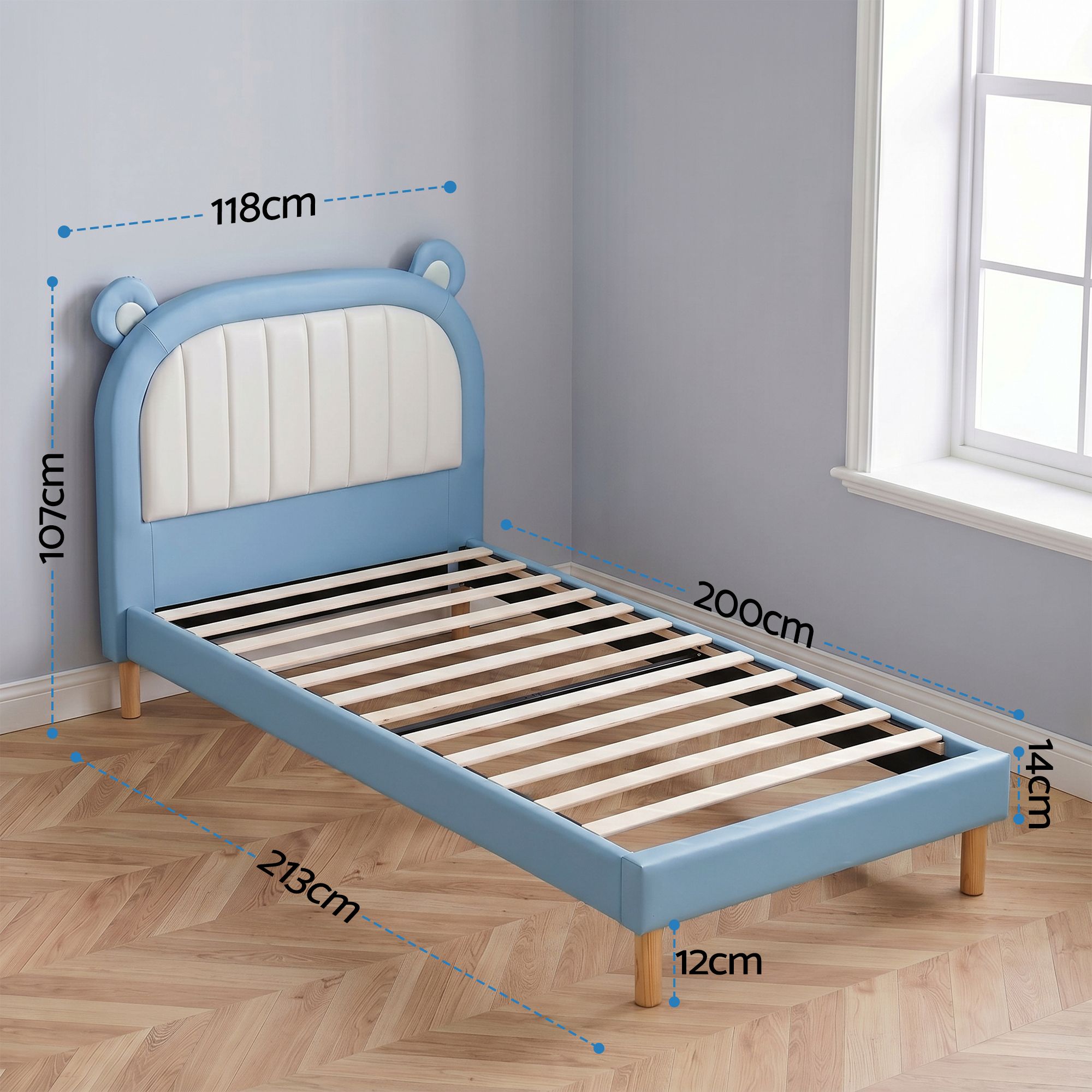 Kids King Single Bed Frame Upholstered Bear Headboard Waterproof Leather Boys Bed 180kg Capacity Blue and White - Furniture > Bedroom > Beds & Bed Frames - Rivercity House & Home Co. (ABN 18 642 972 209) - Affordable Modern Furniture Australia