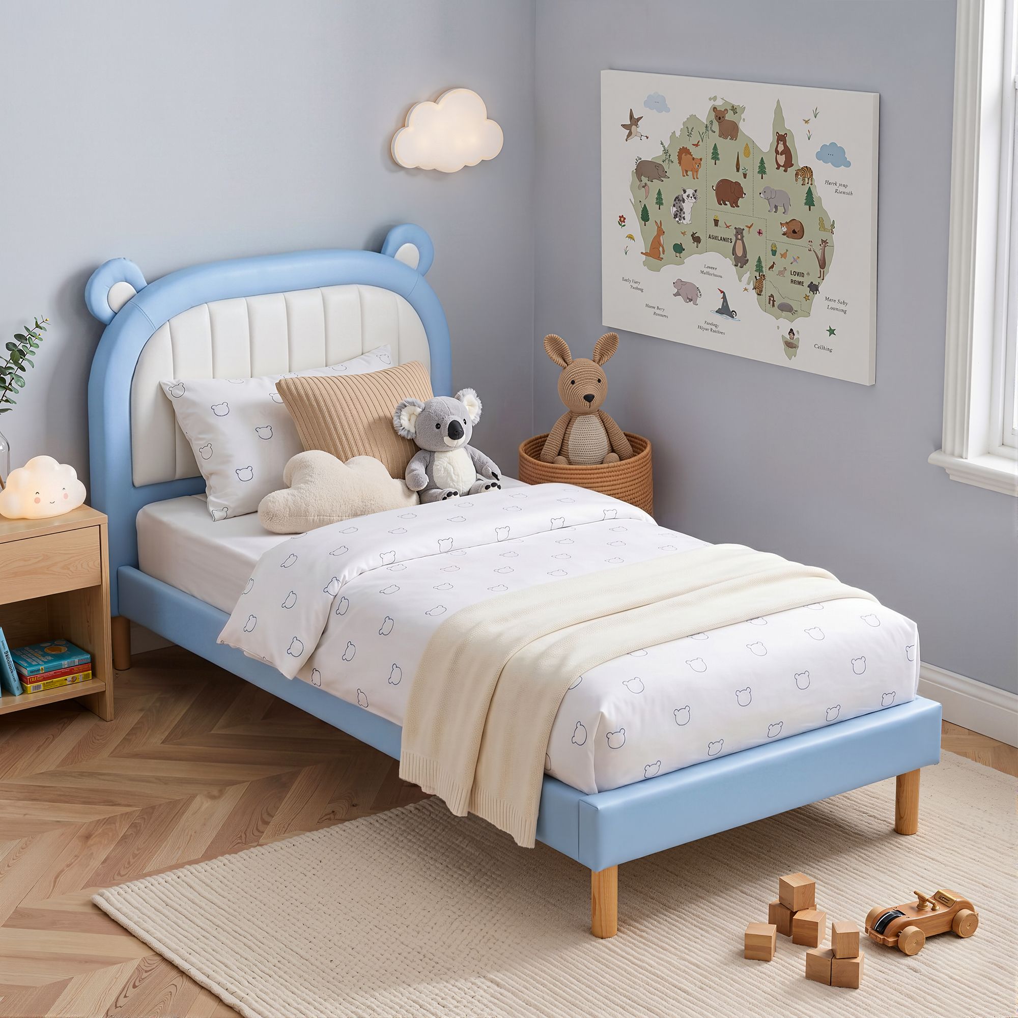 Kids King Single Bed Frame Upholstered Bear Headboard Waterproof Leather Boys Bed 180kg Capacity Blue and White - Furniture > Bedroom > Beds & Bed Frames - Rivercity House & Home Co. (ABN 18 642 972 209) - Affordable Modern Furniture Australia
