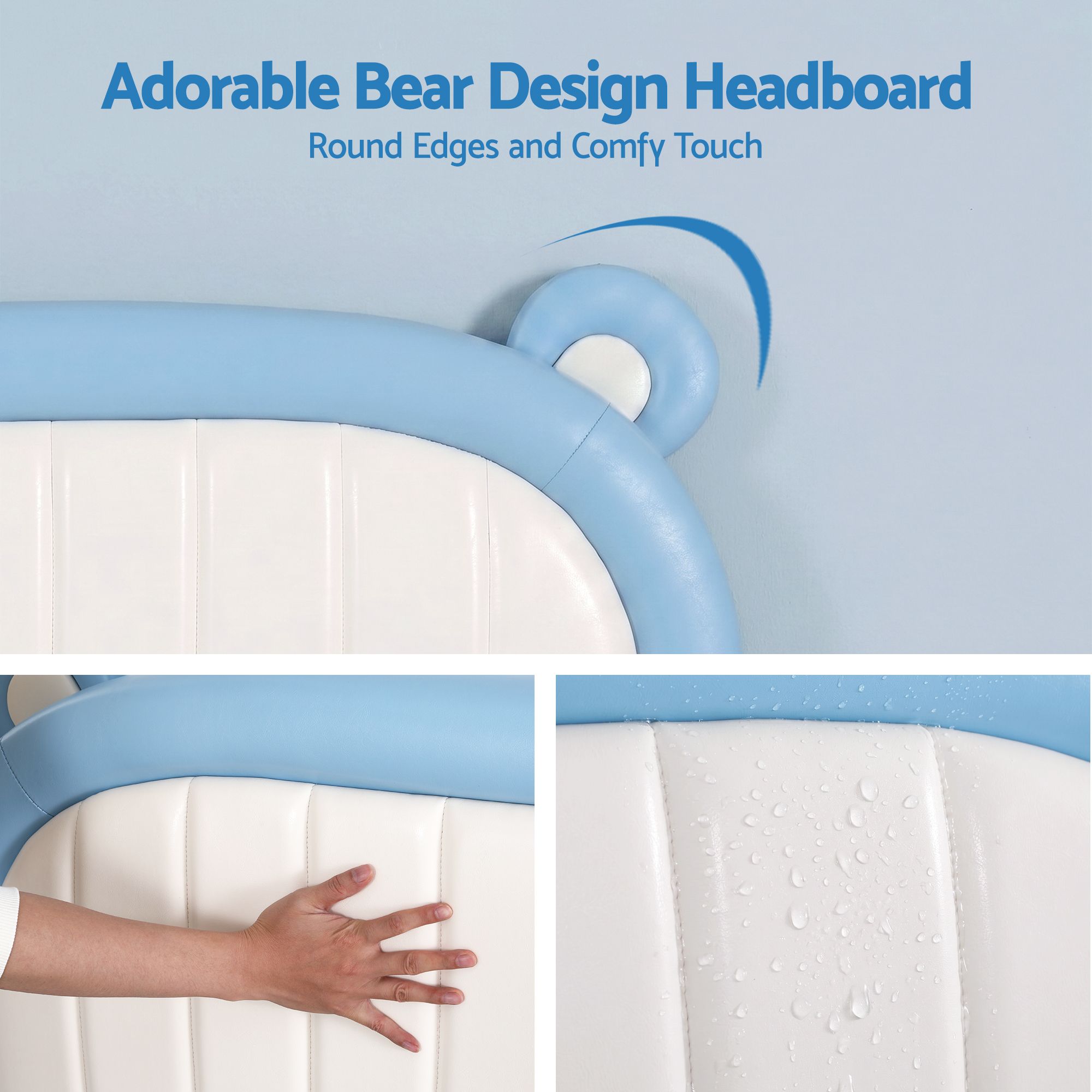 Kids King Single Bed Frame Upholstered Bear Headboard Waterproof Leather Boys Bed 180kg Capacity Blue and White - Furniture > Bedroom > Beds & Bed Frames - Rivercity House & Home Co. (ABN 18 642 972 209) - Affordable Modern Furniture Australia