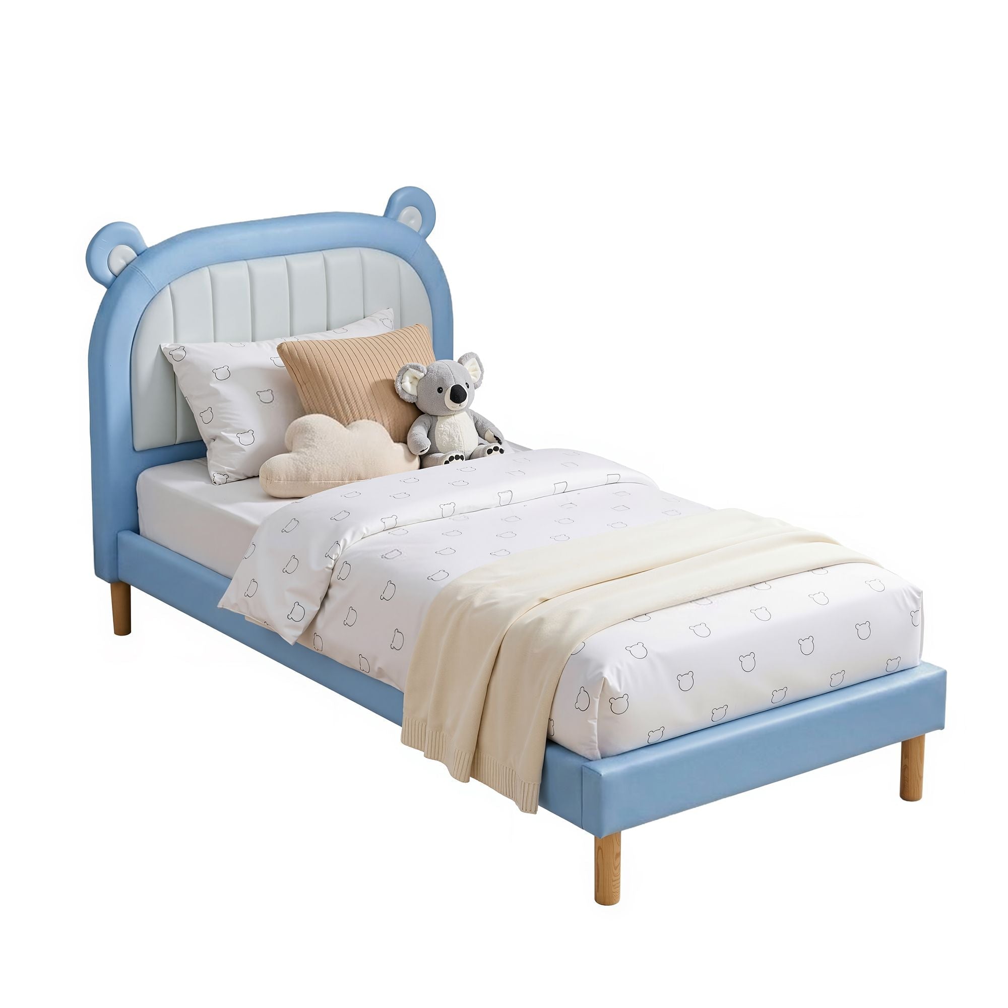 Kids King Single Bed Frame Upholstered Bear Headboard Waterproof Leather Boys Bed 180kg Capacity Blue and White - Furniture > Bedroom > Beds & Bed Frames - Rivercity House & Home Co. (ABN 18 642 972 209) - Affordable Modern Furniture Australia