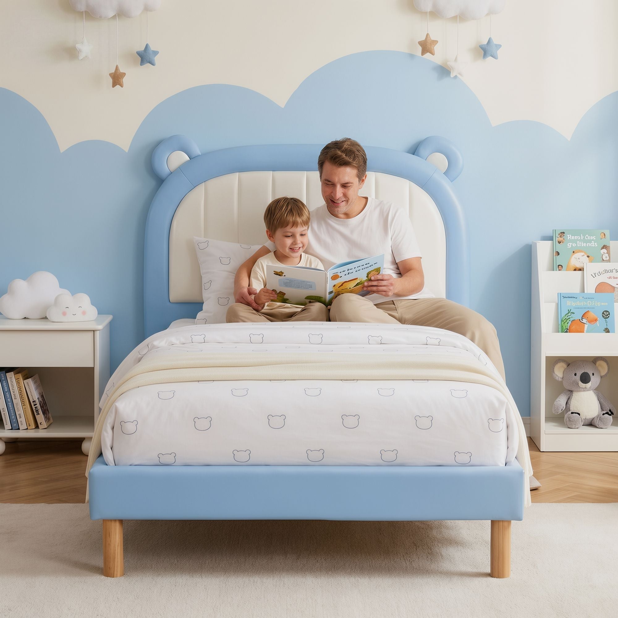 Kids King Single Bed Frame Upholstered Bear Headboard Waterproof Leather Boys Bed 180kg Capacity Blue and White - Furniture > Bedroom > Beds & Bed Frames - Rivercity House & Home Co. (ABN 18 642 972 209) - Affordable Modern Furniture Australia