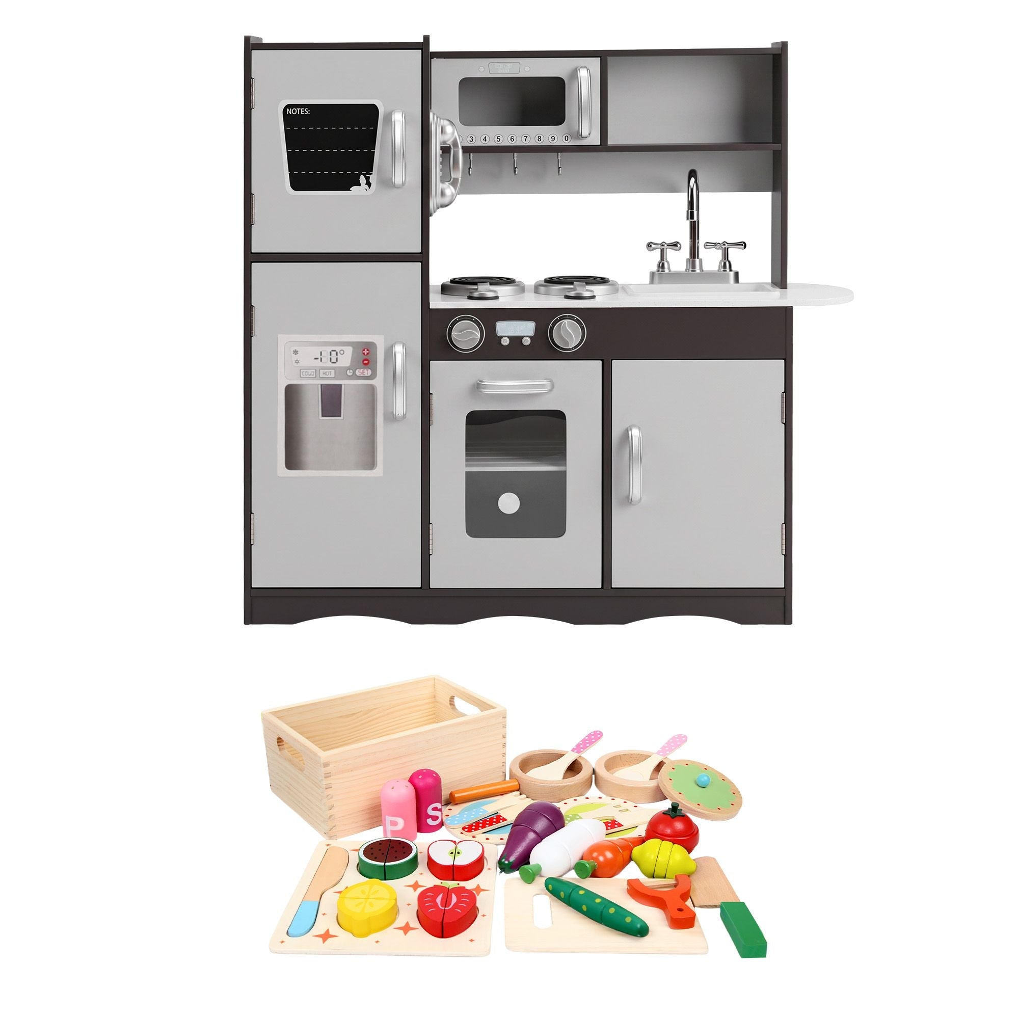Kids Play Kitchen Pretend Toy Kitchen with 29-Piece Wooden Play Food Set - Dark Brown and Silver - Baby & Kids > Baby & Kid's Toys > Pretend Play - Rivercity House & Home Co. (ABN 18 642 972 209) - Affordable Modern Furniture Australia