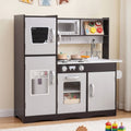 Kids Play Kitchen with 29-Piece Wooden Play Food Set and Storage - Dark Brown and Silver