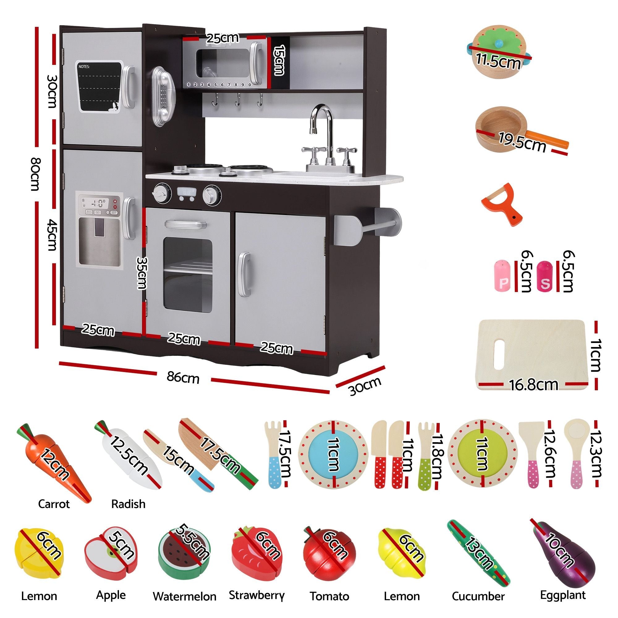 Kids Play Kitchen Pretend Toy Kitchen with 29-Piece Wooden Play Food Set - Dark Brown and Silver - Baby & Kids > Baby & Kid's Toys > Pretend Play - Rivercity House & Home Co. (ABN 18 642 972 209) - Affordable Modern Furniture Australia