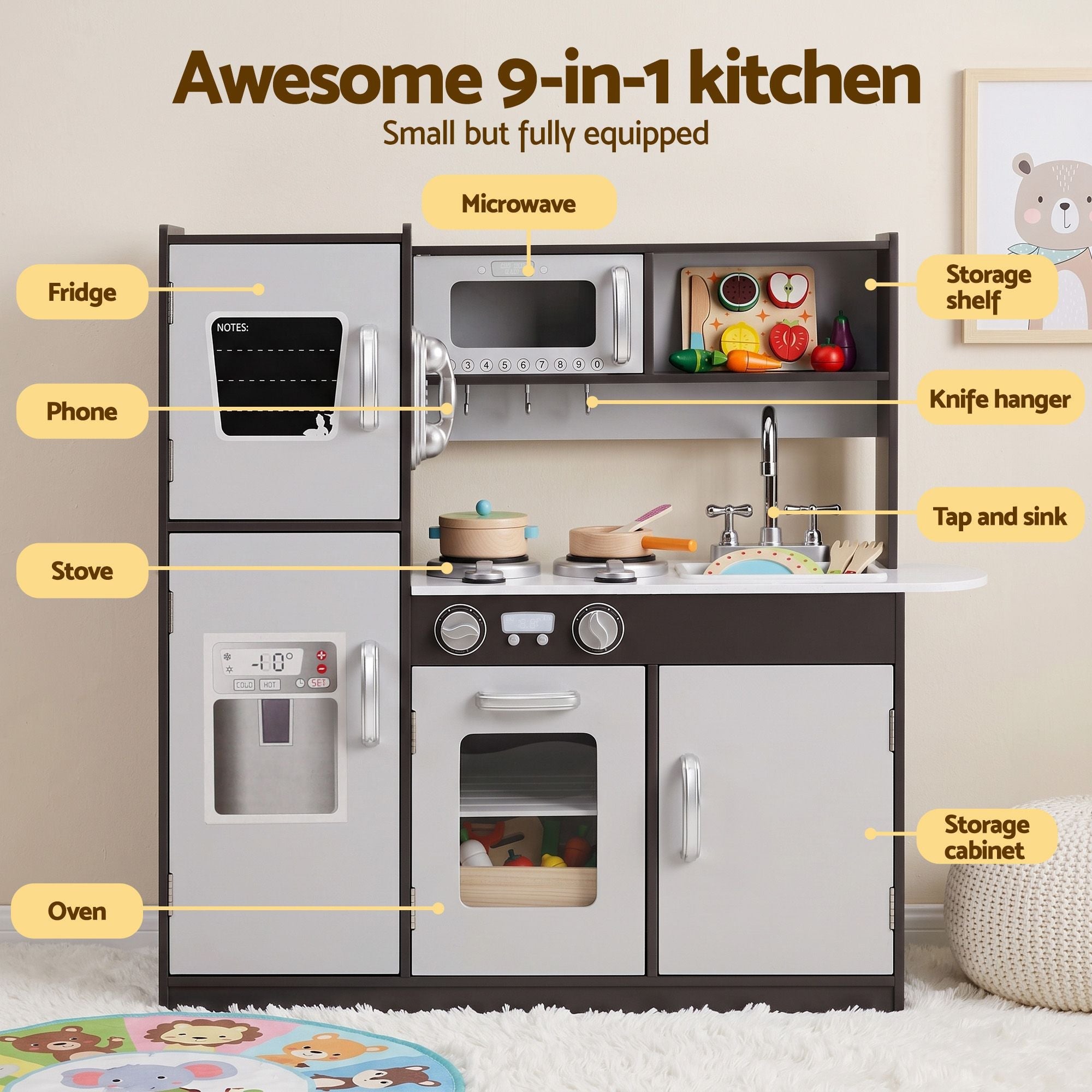 Kids Play Kitchen Pretend Toy Kitchen with 29-Piece Wooden Play Food Set - Dark Brown and Silver - Baby & Kids > Baby & Kid's Toys > Pretend Play - Rivercity House & Home Co. (ABN 18 642 972 209) - Affordable Modern Furniture Australia