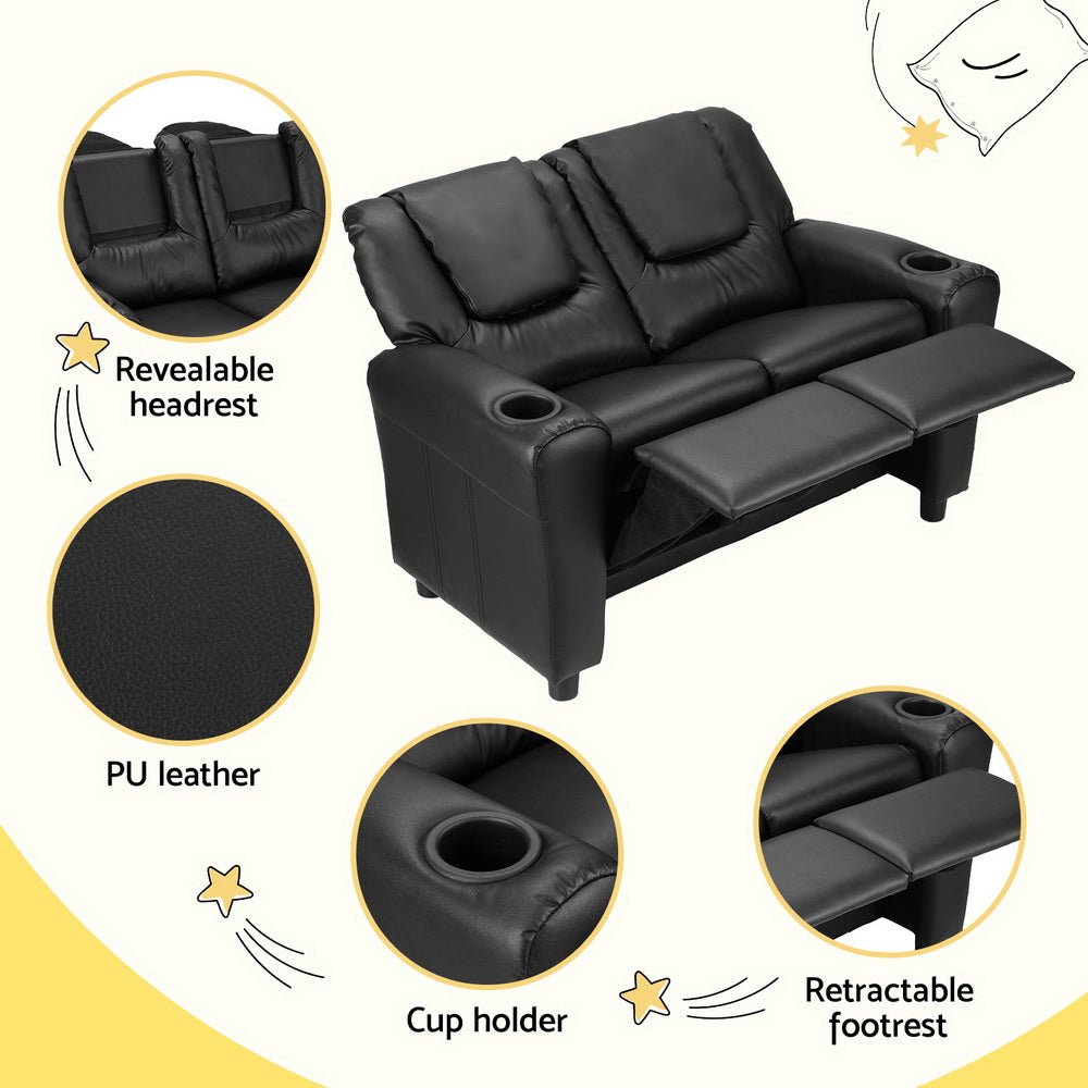 Kids Recliner Chair Double PU Leather Sofa Lounge Couch Armchair Black - Baby & Kids > Kid's Furniture - Rivercity House & Home Co. (ABN 18 642 972 209) - Affordable Modern Furniture Australia